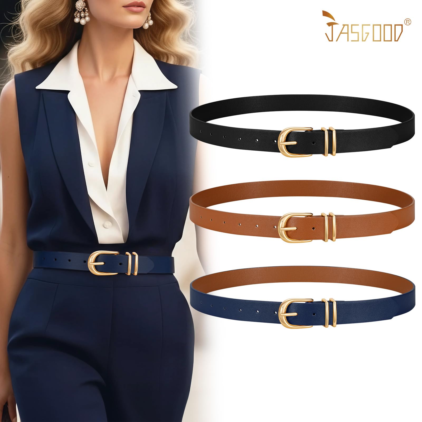 JASGOOD 3 Pack Women Leather Belts For Jeans Dresses Pants Ladies Faux Leather Waist Belt with Gold Buckle - JASGOOD OFFICIAL