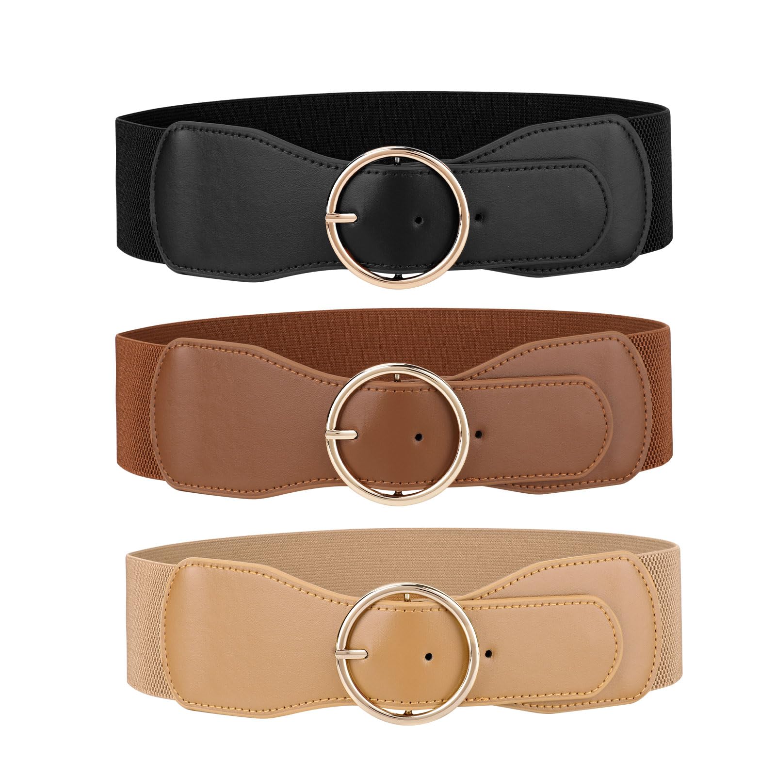 JASGOOD 3 Pack Women Wide Elastic Waist Belt for Dress Ladies Stretch Belt with Gold Round Buckle - JASGOOD OFFICIAL