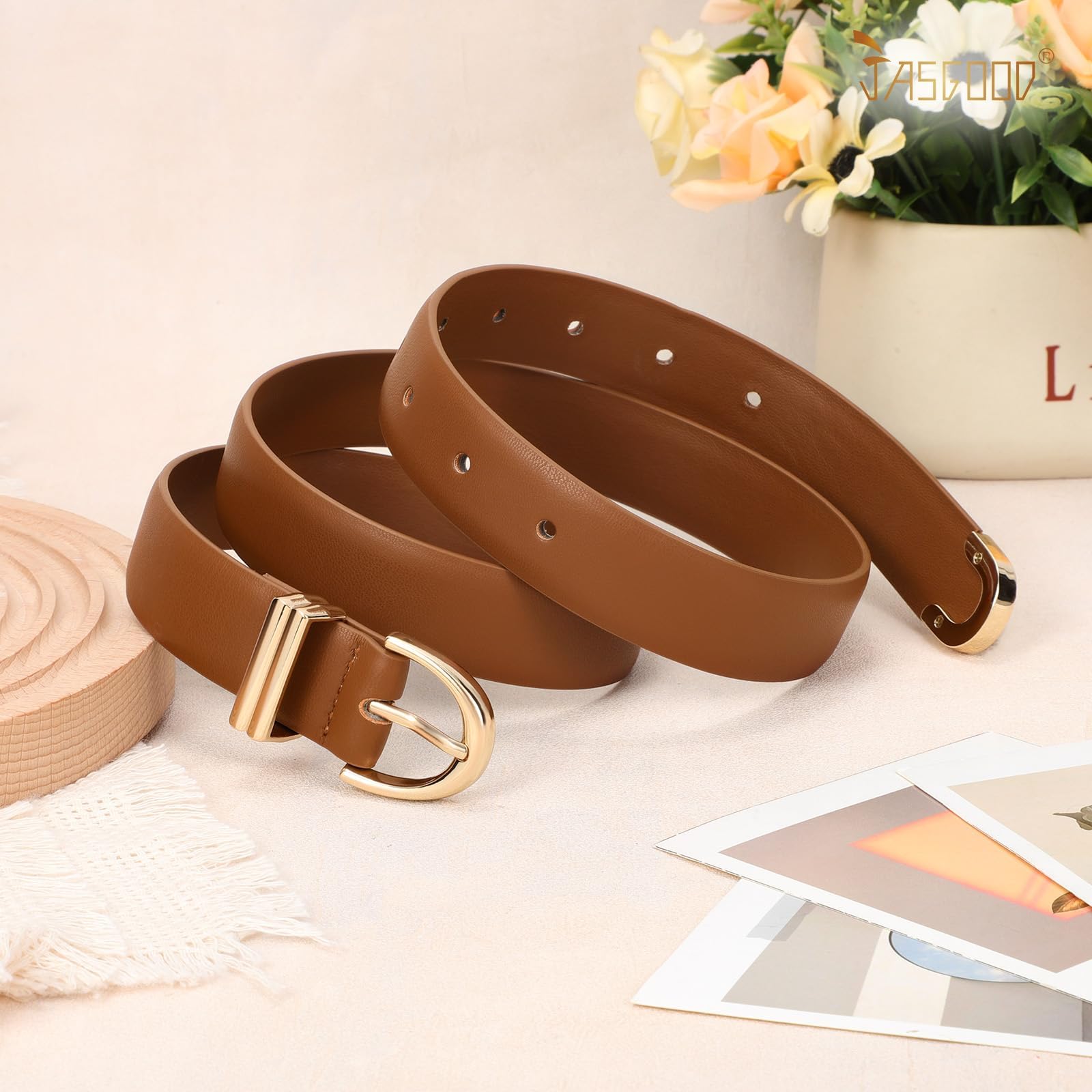 JASGOOD Women Leather Belt for Jeans Pants Fashion Gold Buckle Ladies Waist Belt