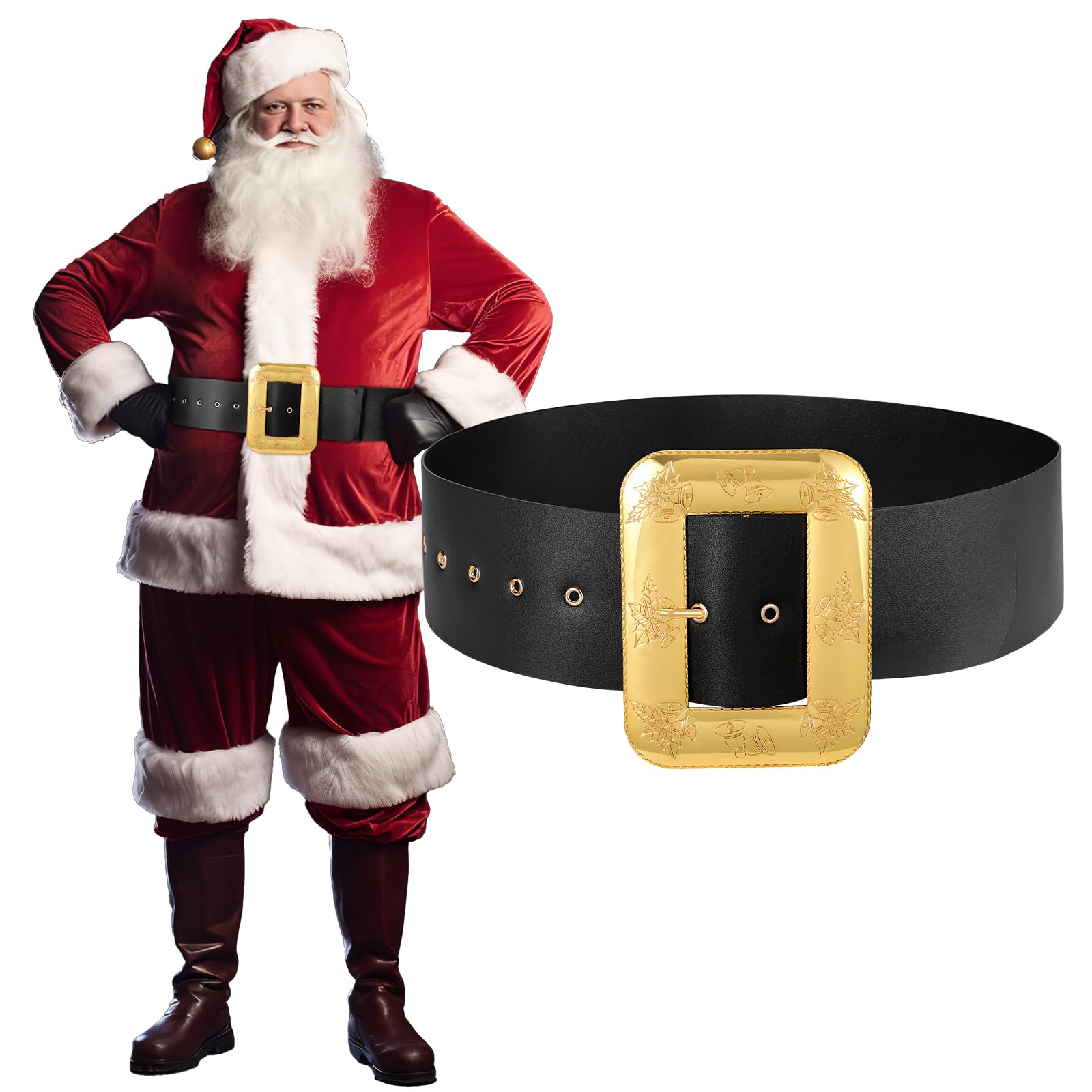 JASGOOD Christmas Santa Claus Adults Wide Leather Belt - Black Pirate Belt Gold Buckle Men Novelty Costume Cosplay Accessory