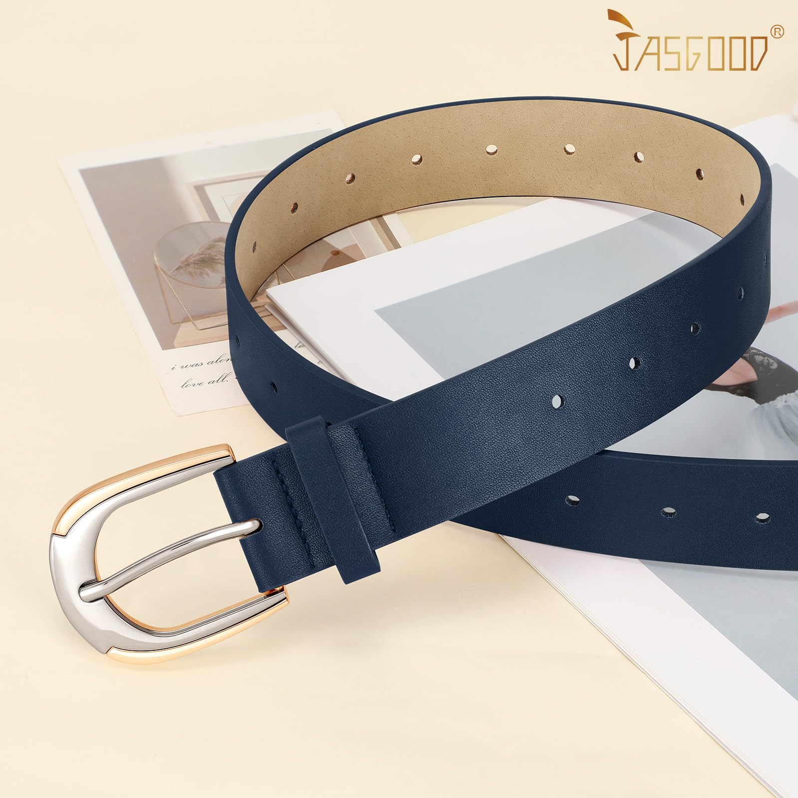 JASGOOD Leather Belts for Women Ladies Casual Belt for Jeans Pants Dresses with Gold and Silver Buckle