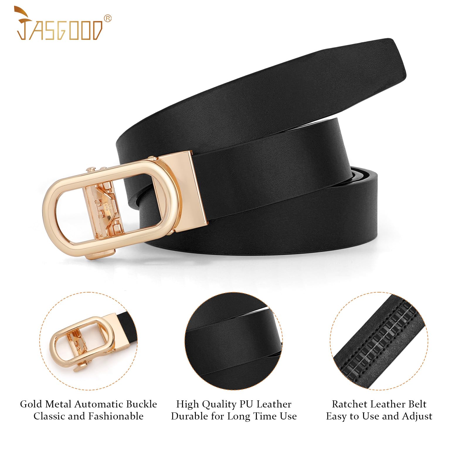 JASGOOD Women Leather Ratchet Belt for Jeans Pants Dresses Adjustable Belt with Automatic Sliding Buckle, Width 1.2" - JASGOOD OFFICIAL