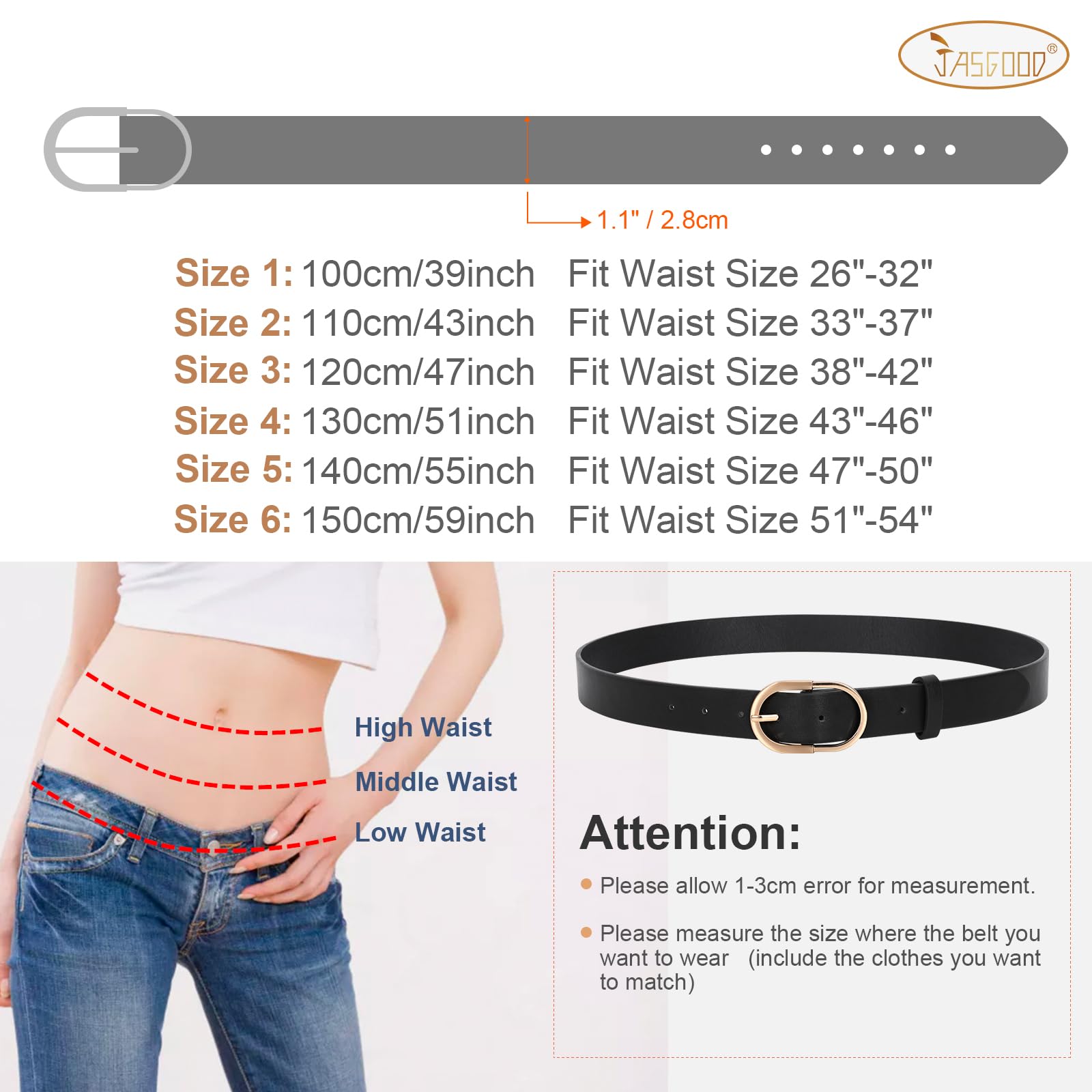 JASGOOD Women’s Leather Belts for Jeans Pants Fashion Ladies Belt with Gold Buckle - JASGOOD OFFICIAL