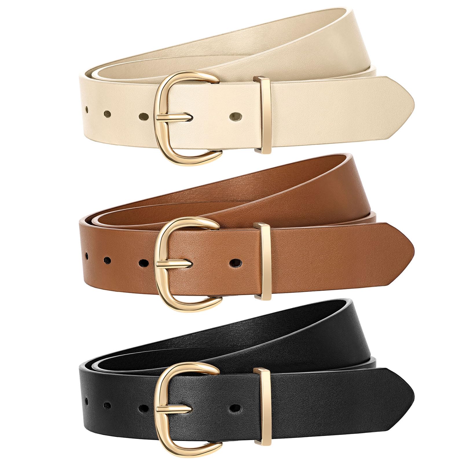 JASGOOD 3 Pack Belts for Women Leather Waist Belts for Jeans Dresses Pants Ladies Fashion Belt with Gold Buckle