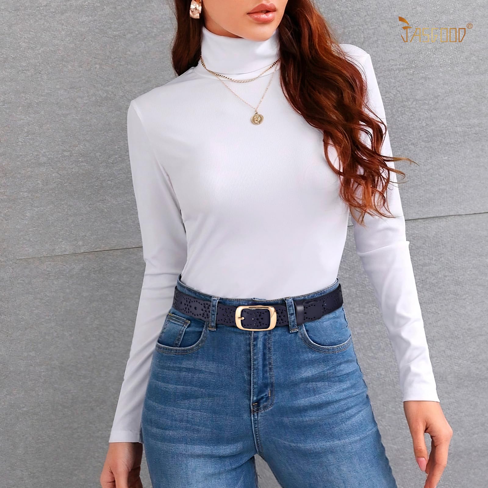 JASGOOD Leather Belt for Women Hollow Flower Leather Belt for Jeans Pants Fashion Waist Belt with Gold Buckle