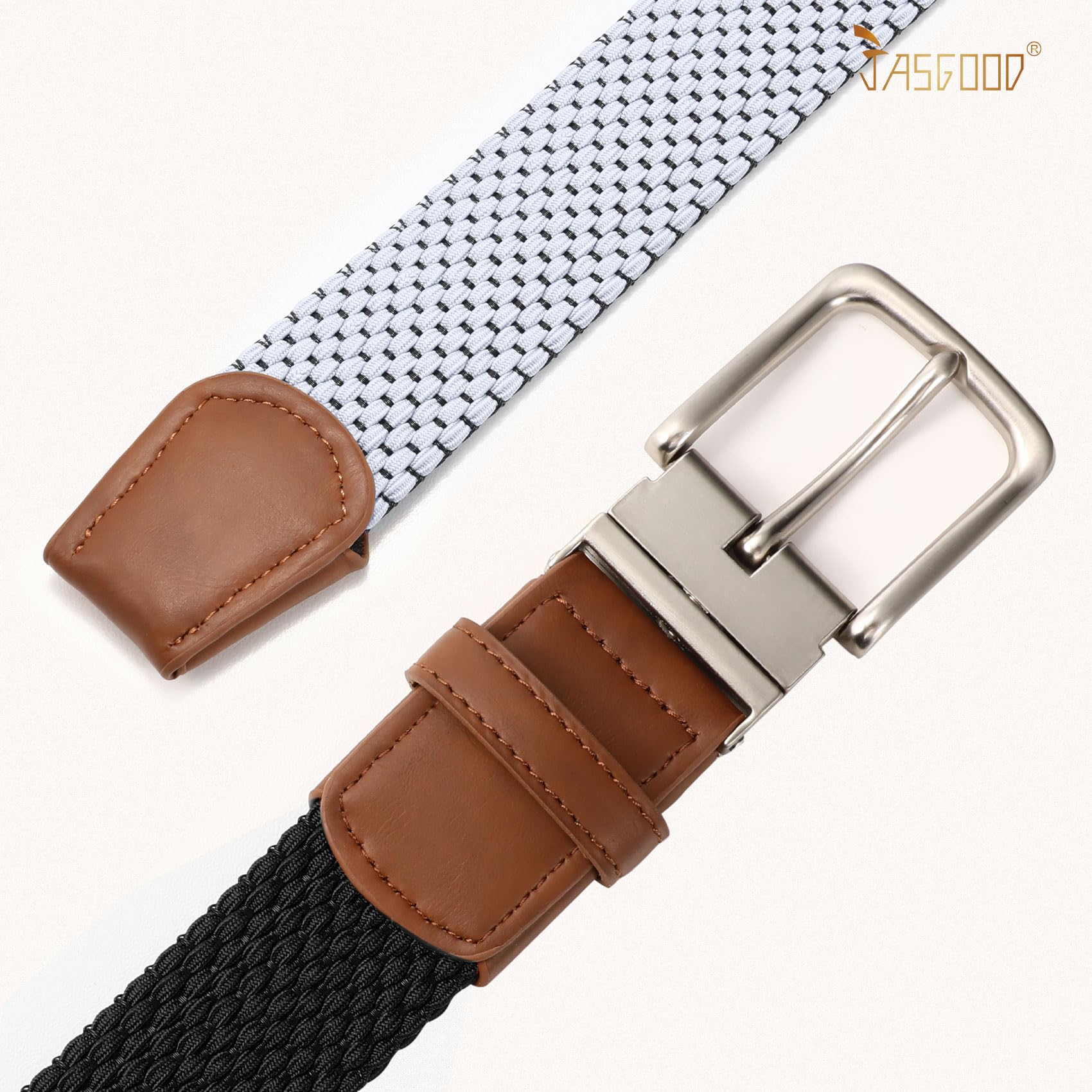 JASGOOD Reversible Elastic Braided Belt for Men, 1.34" Casual Woven Stretch Golf Belt for Jeans Shorts Pants