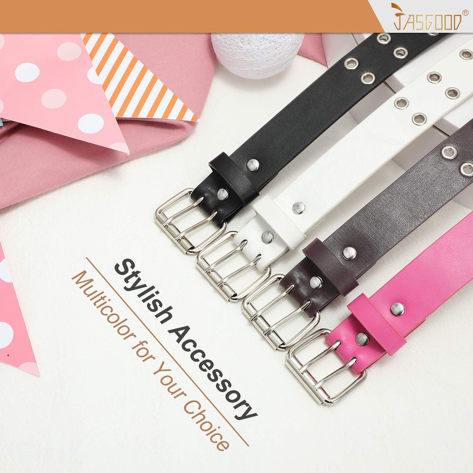 JASGOOD 2 Pack Kids Double Grommet Belt for Girls and Boys, PU Leather Kids Double Studded Holes Belt for Jeans Pants