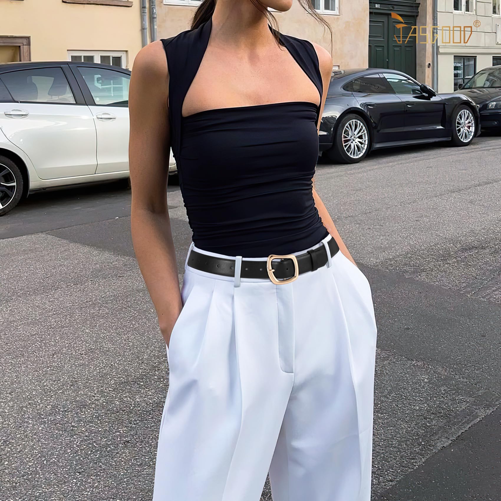 JASGOOD Women Leather Belt Ladies Casual Belt for Jeans Pants Fashion Women Waist Belt with Gold Buckle