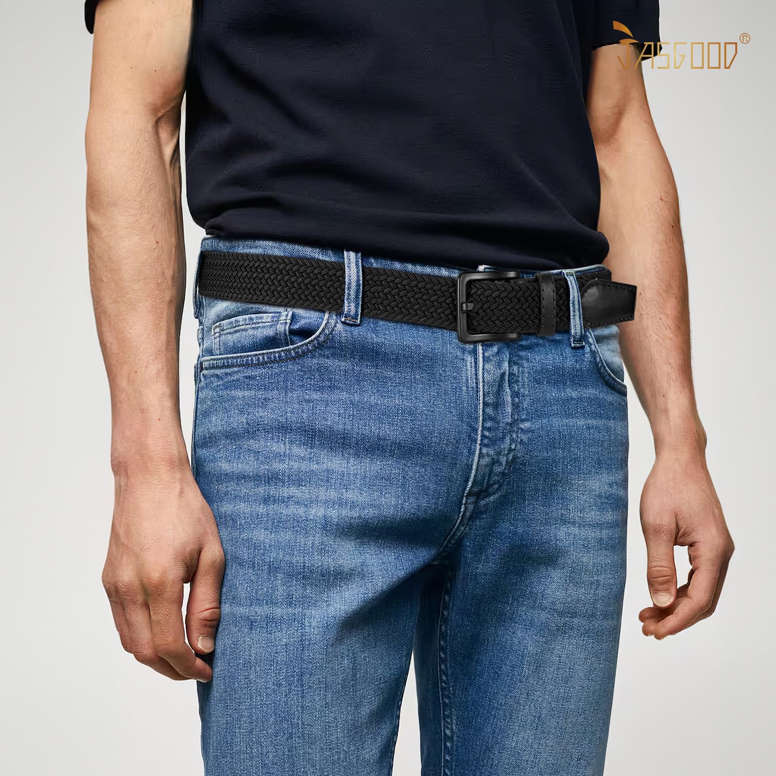 JASGOOD Elastic Braided Belt Men Stretch Golf Woven Casual Jeans Pants Canvas Fabric Tsa Approved Metal Free Belt