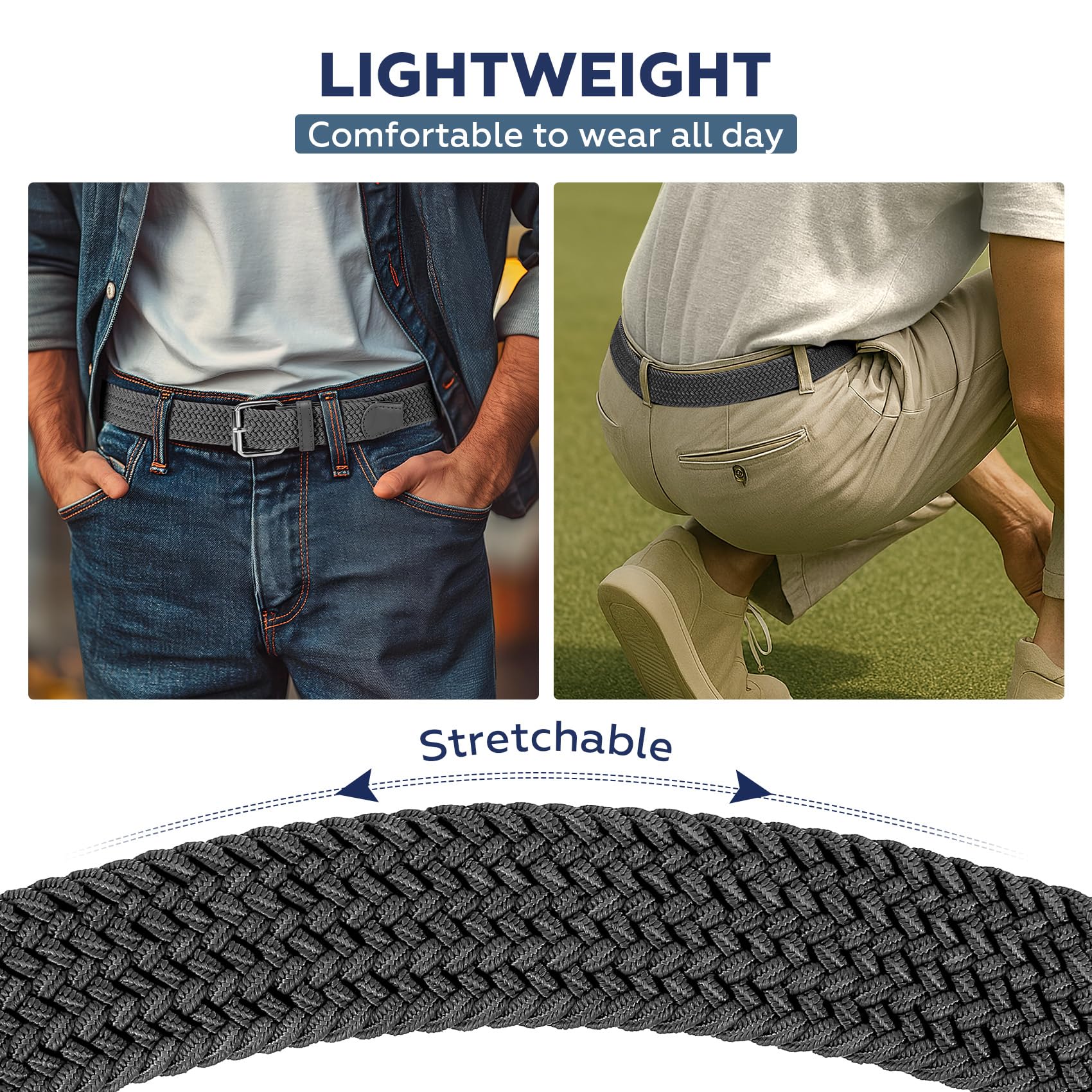 JASGOOD Braided Stretch Belt for Men Golf Casual Fabric Elastic Woven Belt 1 3/8" Adjustable Work
