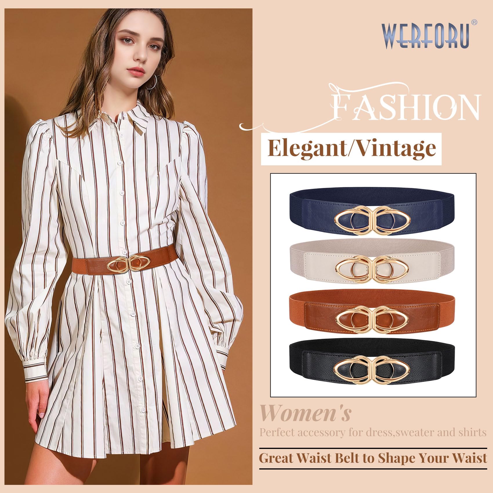 WERFORU Women Thin Elastic Belts,Skinny Stretch Vintage Fashion Waistband for Dress with Gold Buckle 4 Pack