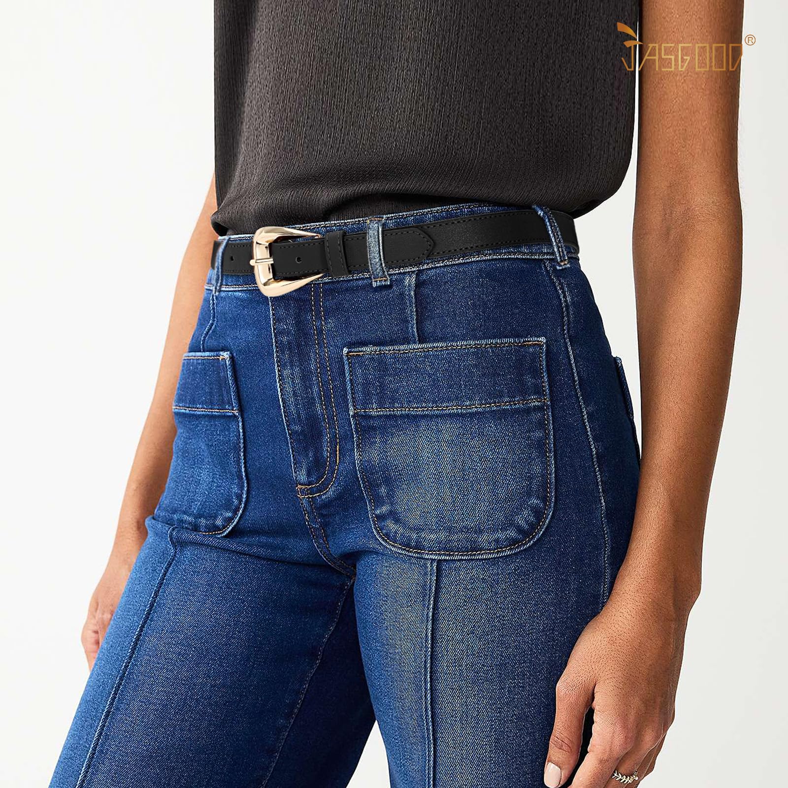 JASGOOD Women Leather Belts for Jeans Pants Soft Leather Waist Belt for Ladies Vintage Belt with Gold Buckle 0.9" Width