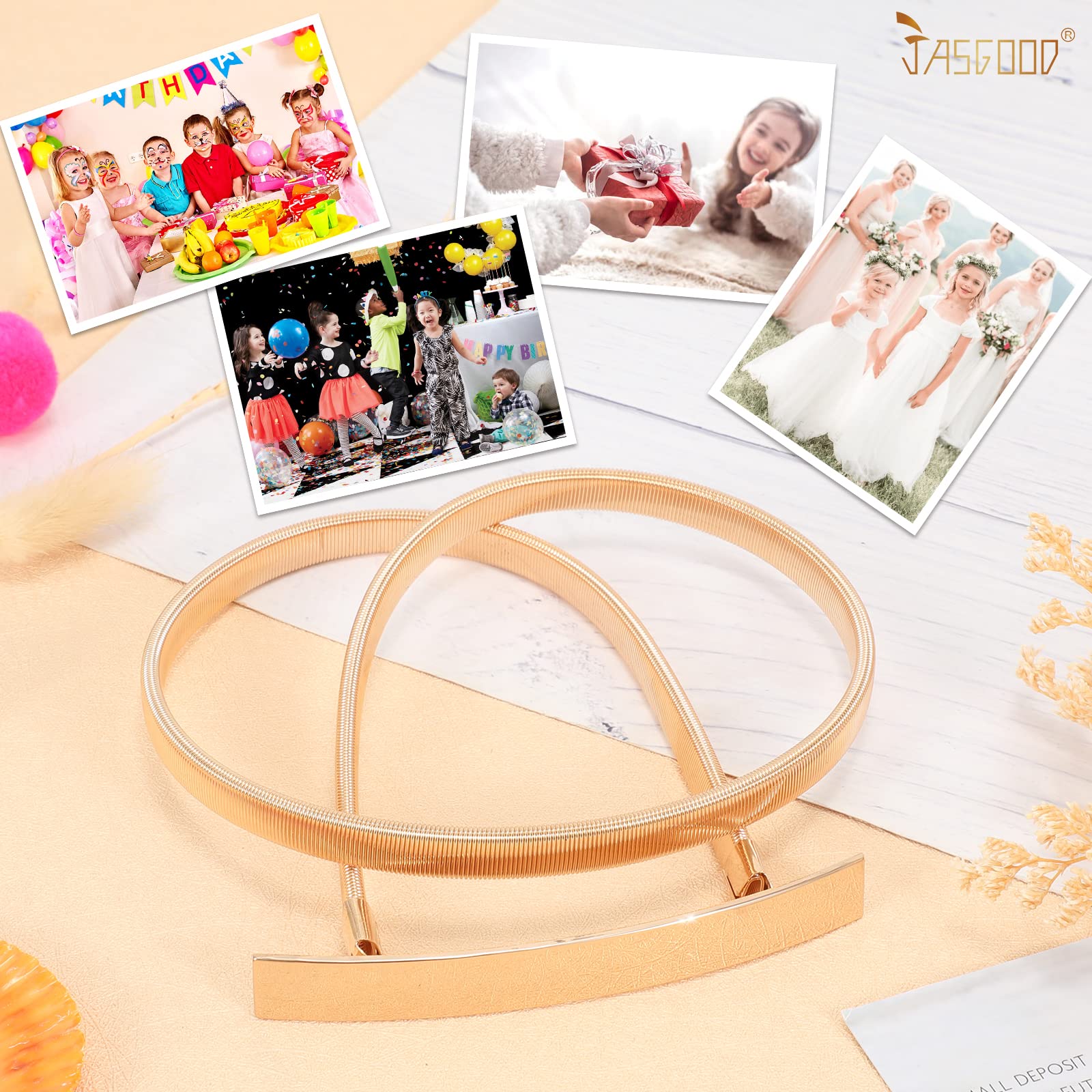 JASGOOD Kids Skinny Gold Metal Waist Belt for Girls Elastic Metal Chain Waist Belt