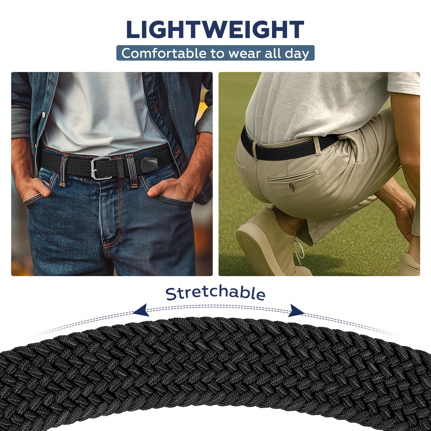 JASGOOD Braided Stretch Belt for Men Golf Casual Fabric Elastic Woven Belt 1 3/8" Adjustable Work