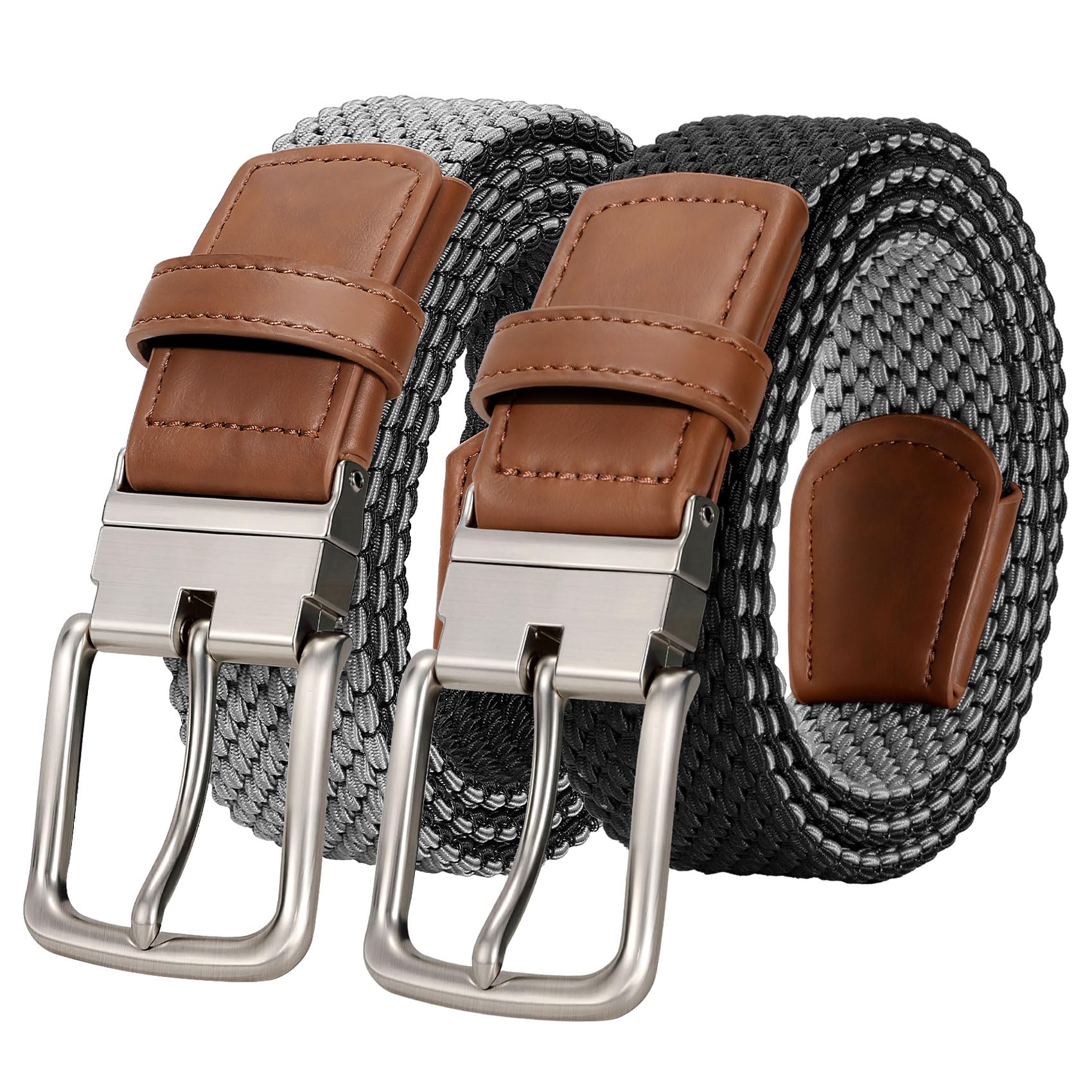 JASGOOD Reversible Elastic Braided Belt for Men, 1.34" Casual Woven Stretch Golf Belt for Jeans Shorts Pants