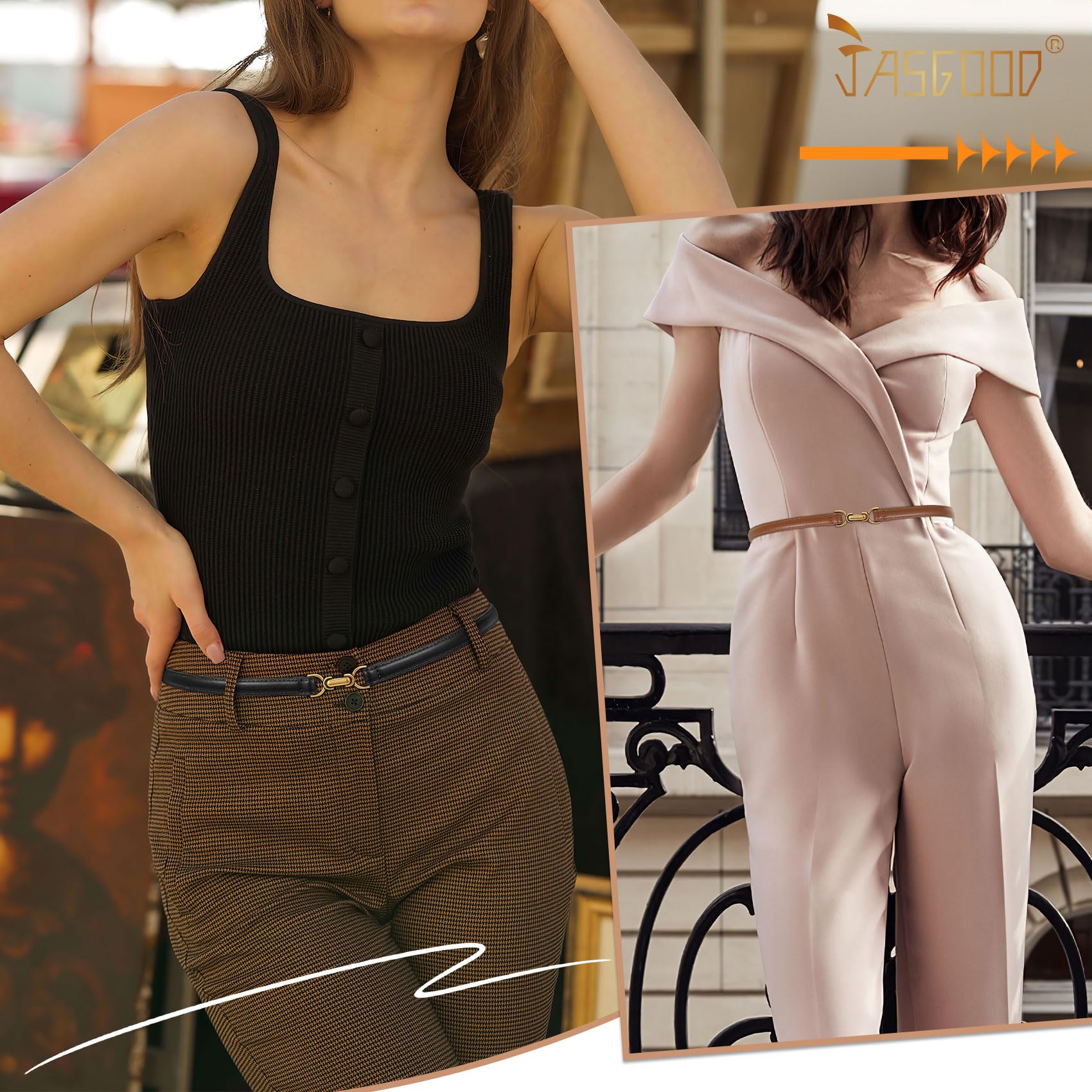 JASGOOD 2 Pack Women Skinny Faux Leather Belts Thin Waist Belts With Adjustable Gold Buckle for Dresses Jeans
