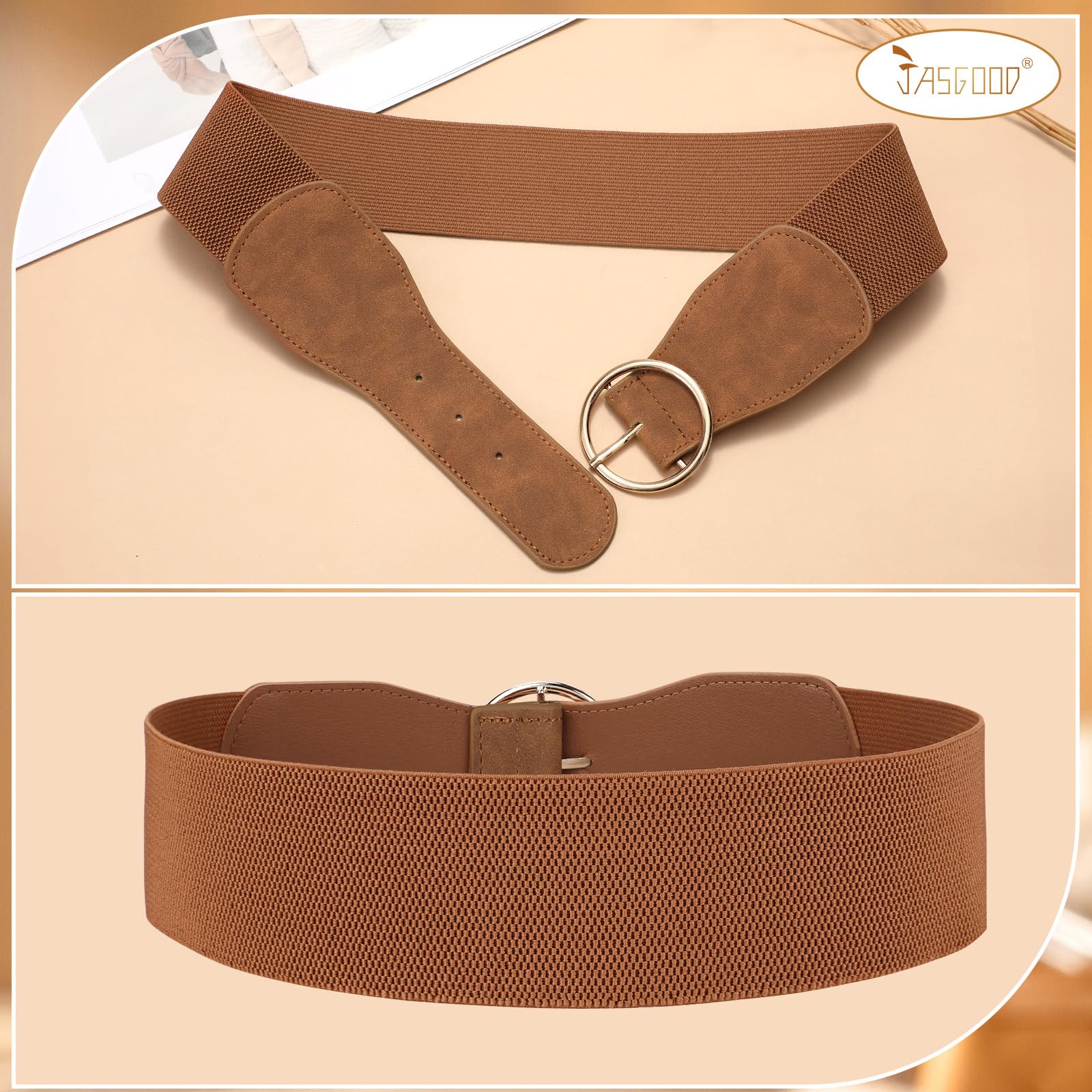 JASGOOD 3 Pack Women Wide Elastic Waist Belt for Dress Ladies Stretch Belt with Gold Round Buckle - JASGOOD OFFICIAL
