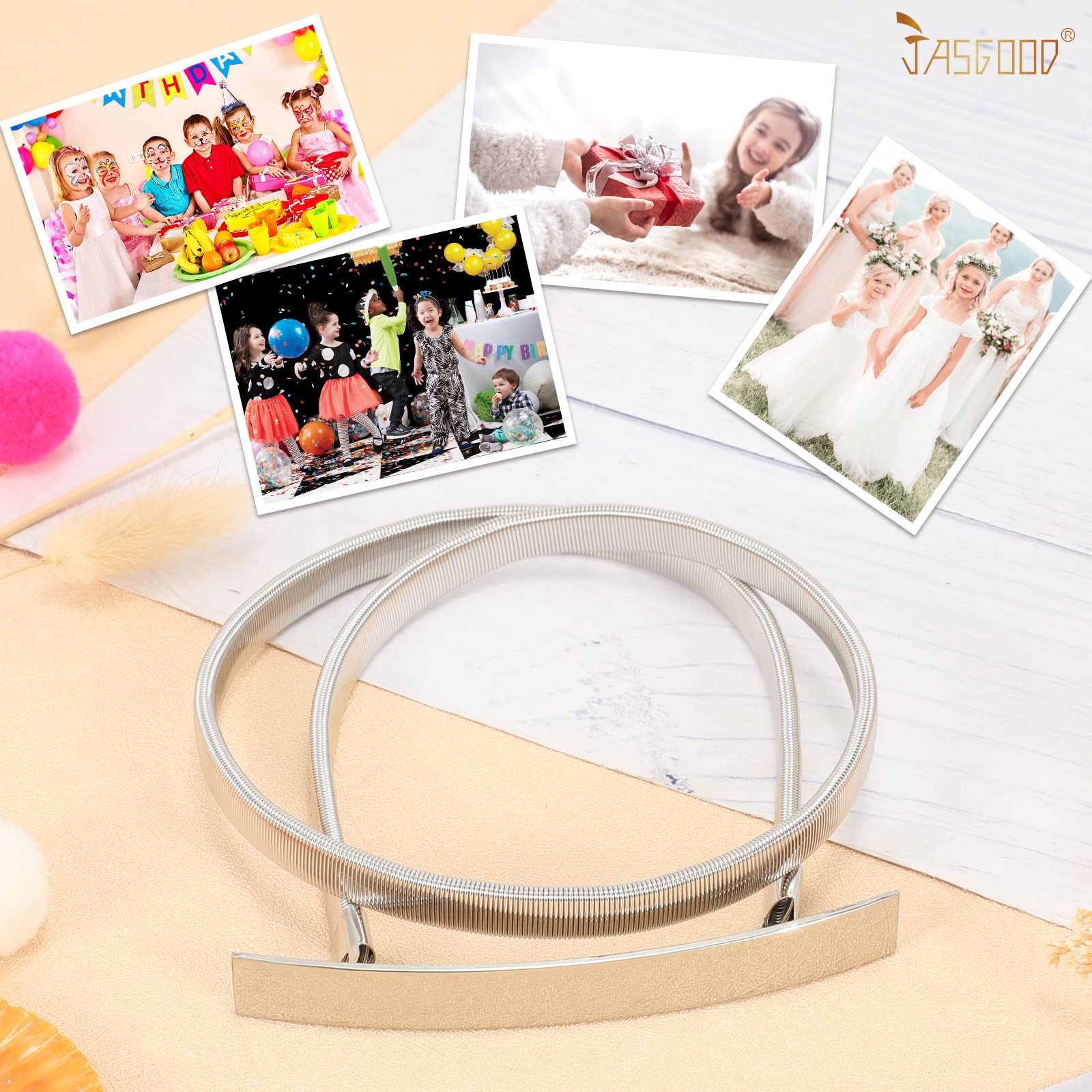 JASGOOD Kids Skinny Gold Metal Waist Belt for Girls Elastic Metal Chain Waist Belt