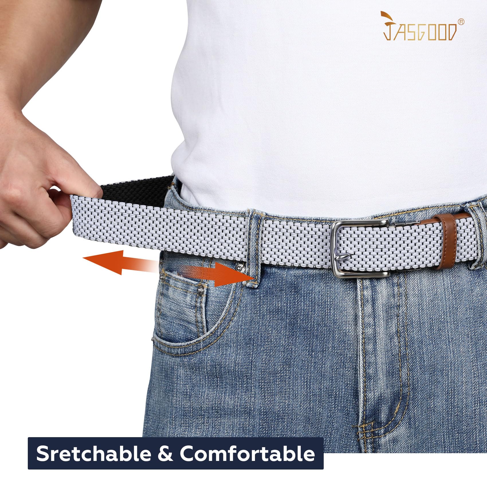 JASGOOD Reversible Elastic Braided Belt for Men, 1.34" Casual Woven Stretch Golf Belt for Jeans Shorts Pants