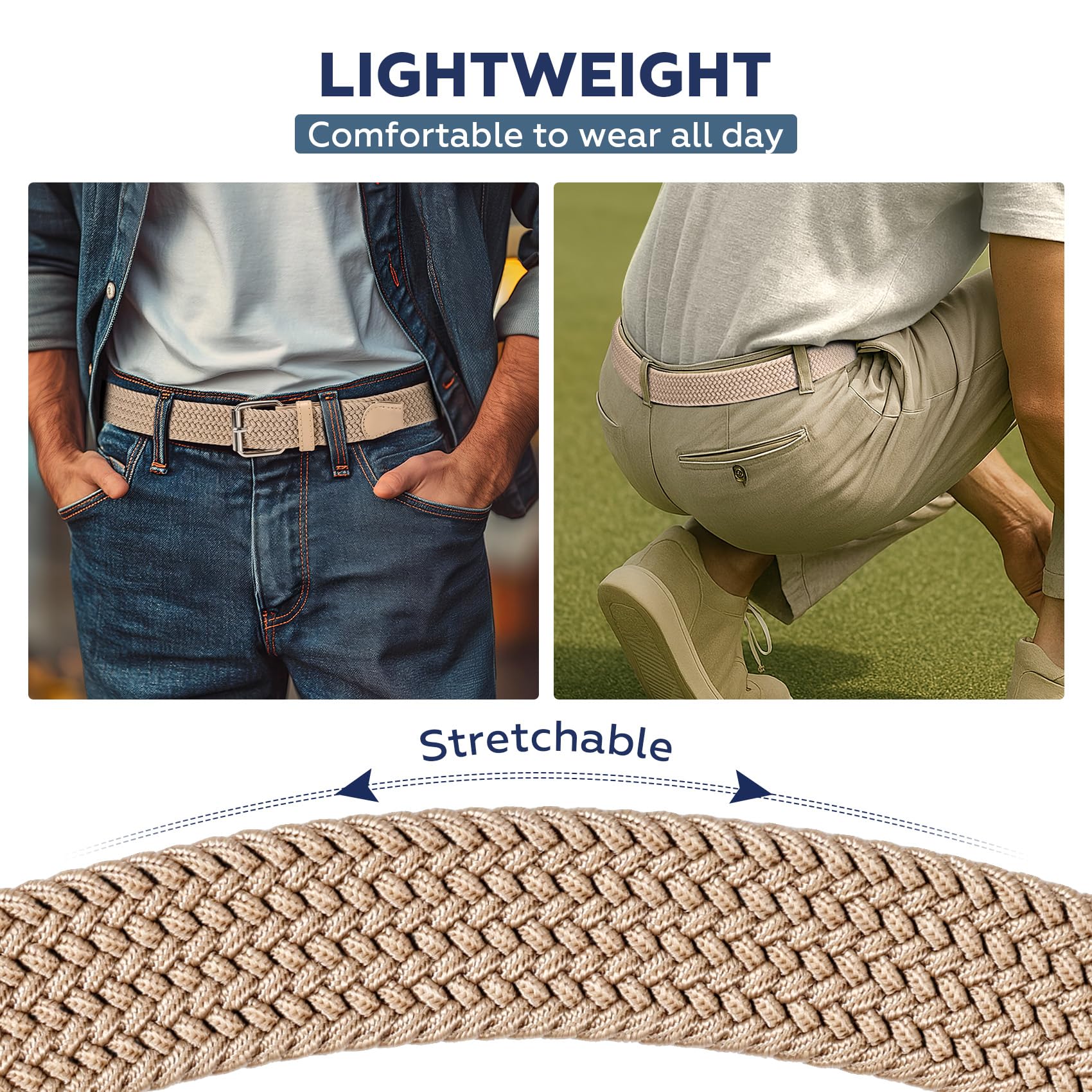 JASGOOD Braided Stretch Belt for Men Golf Casual Fabric Elastic Woven Belt 1 3/8" Adjustable Work