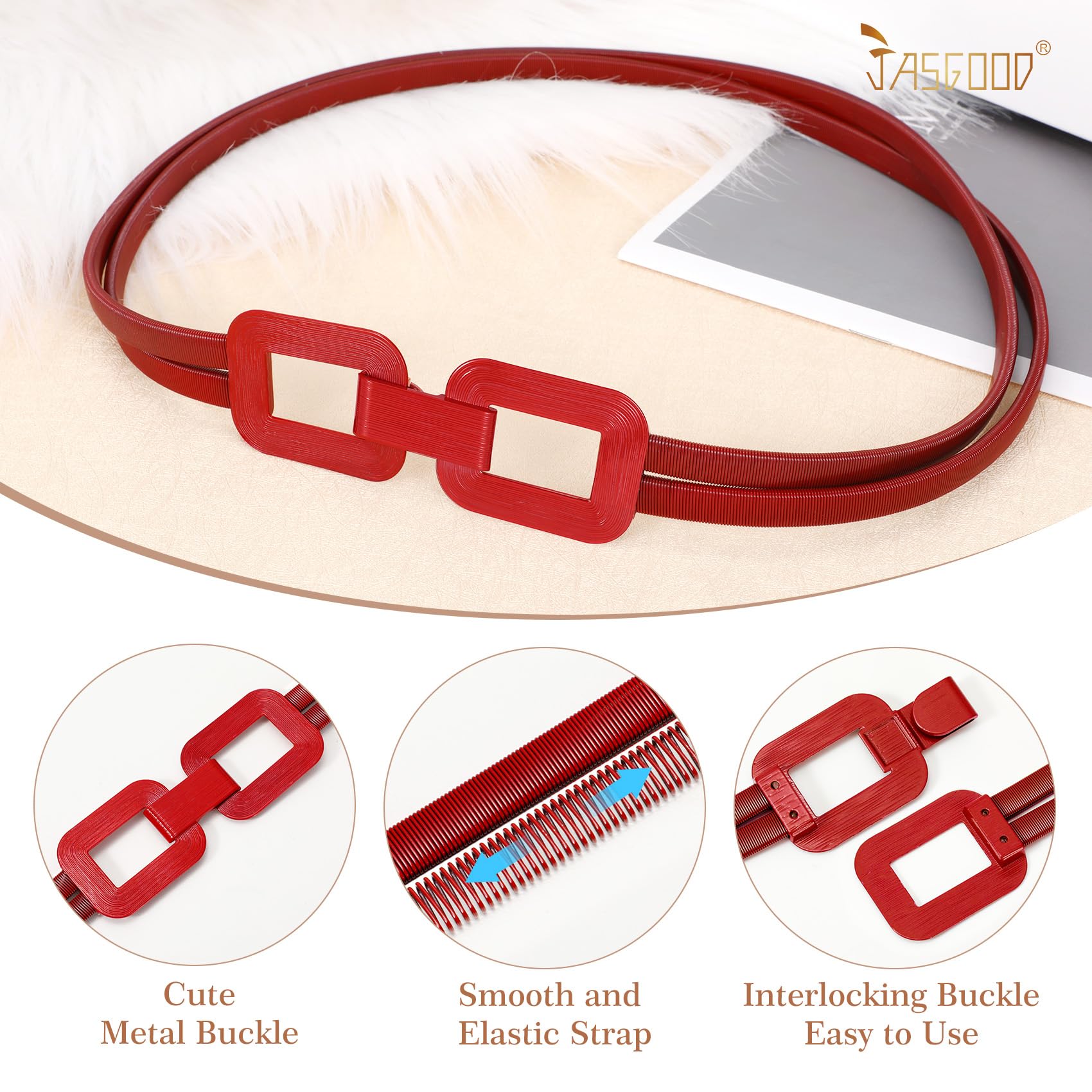 JASGOOD Skinny Metal Elastic Waist Belt for Women Stretch Thin Belt for Dresses