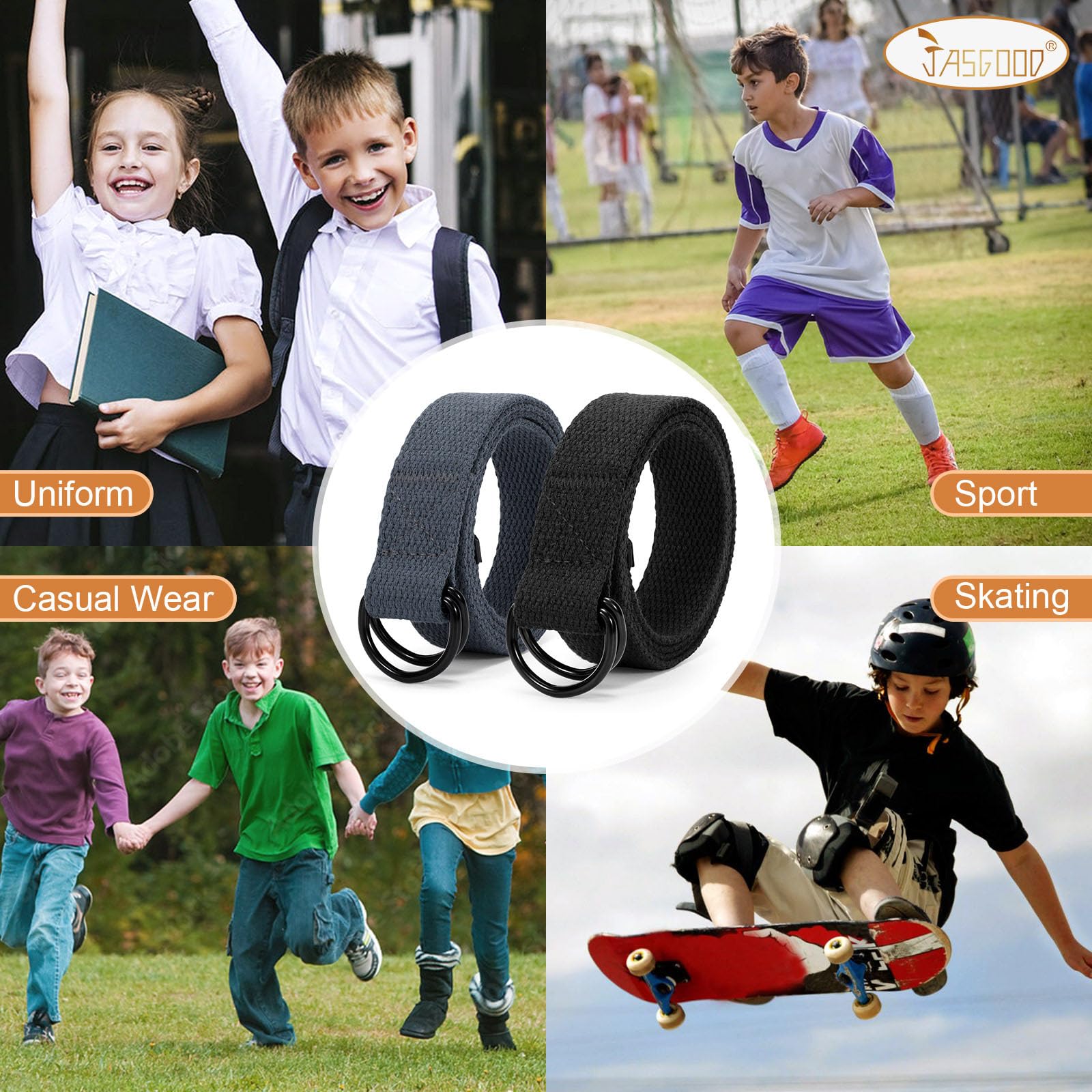 JASGOOD Boy's Canvas Belt Kids Football Belt with Double D-ring Buckle