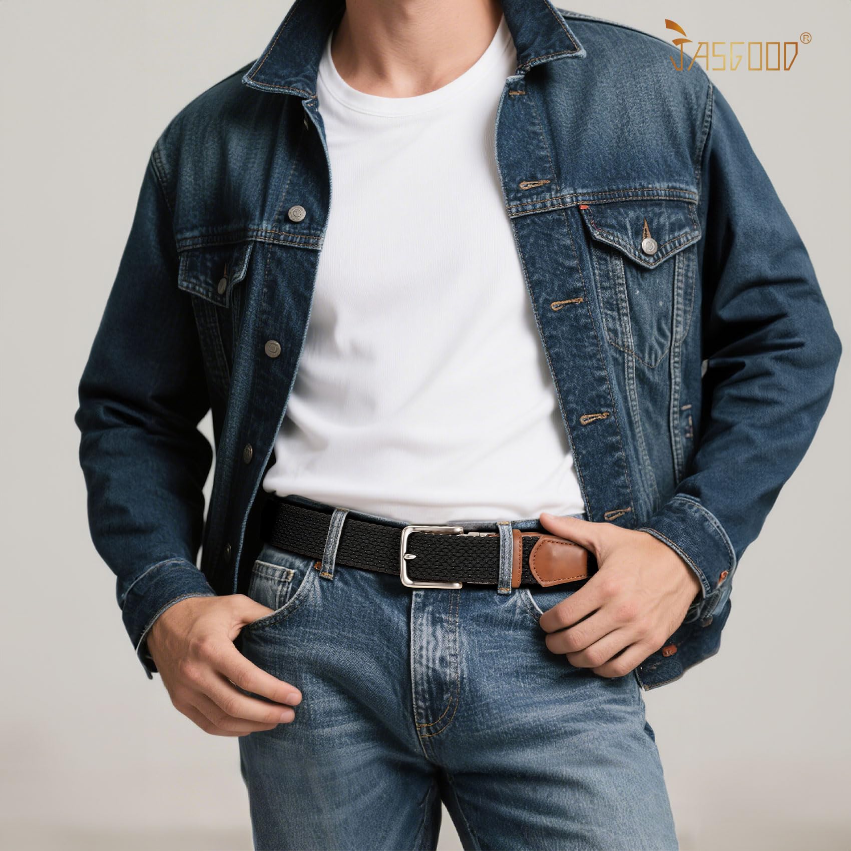 JASGOOD Reversible Elastic Braided Belt for Men, 1.34" Casual Woven Stretch Golf Belt for Jeans Shorts Pants