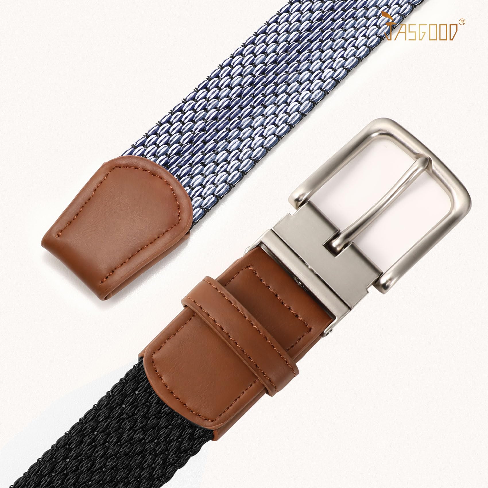 JASGOOD Reversible Elastic Braided Belt for Men, 1.34" Casual Woven Stretch Golf Belt for Jeans Shorts Pants