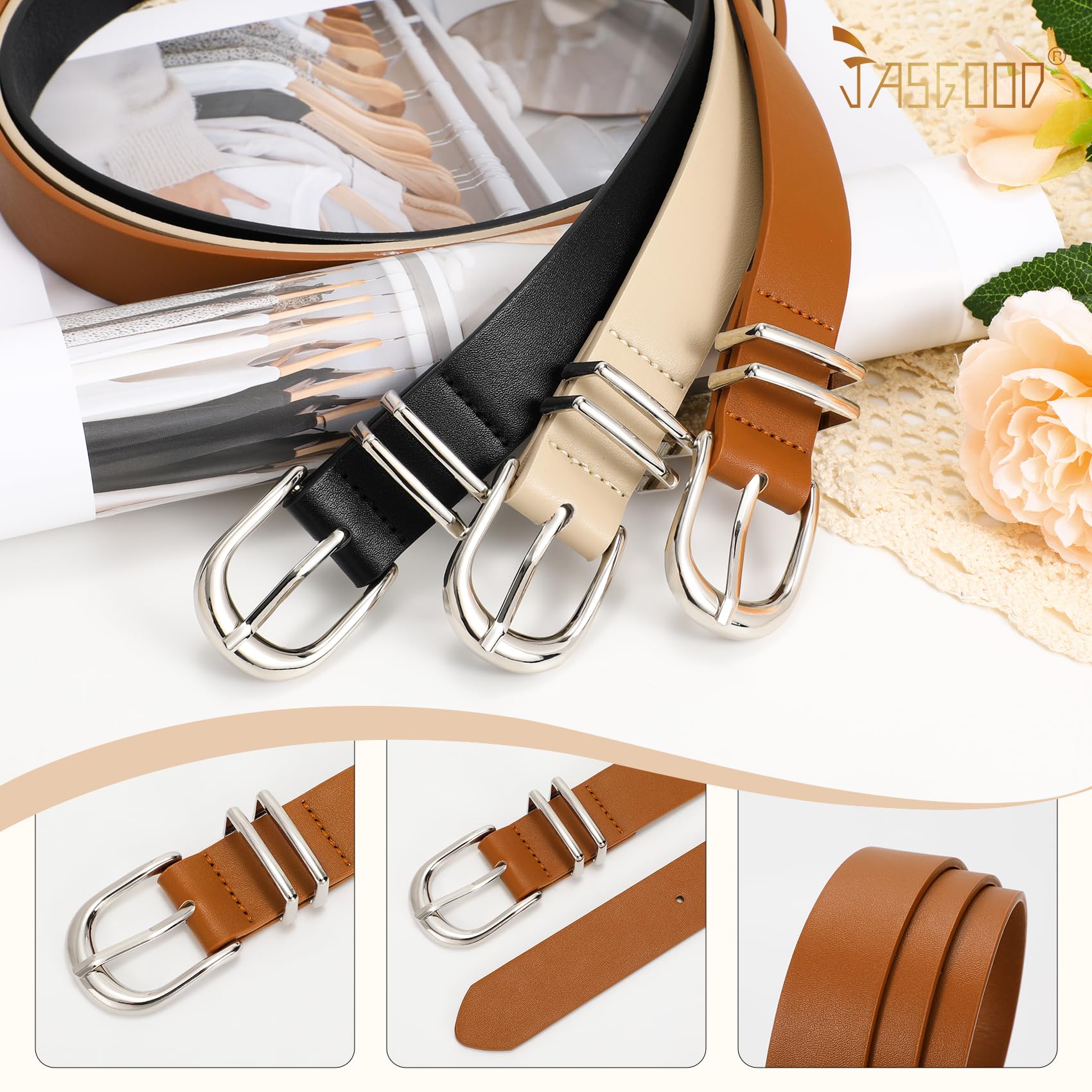 JASGOOD 3 Pack Women Leather Belts For Jeans Dresses Pants Ladies Faux Leather Waist Belt with Gold Buckle - JASGOOD OFFICIAL