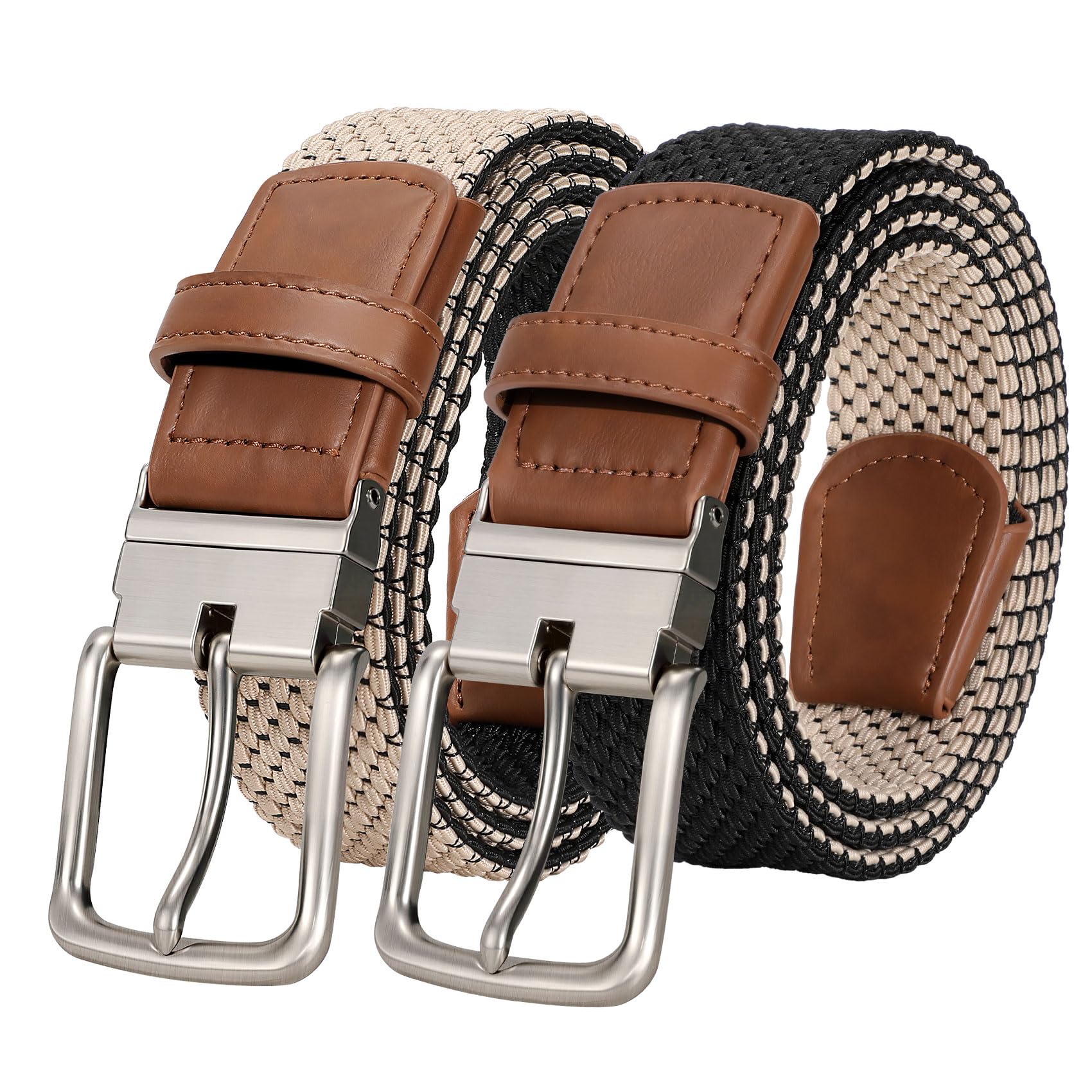 JASGOOD Reversible Elastic Braided Belt for Men, 1.34" Casual Woven Stretch Golf Belt for Jeans Shorts Pants