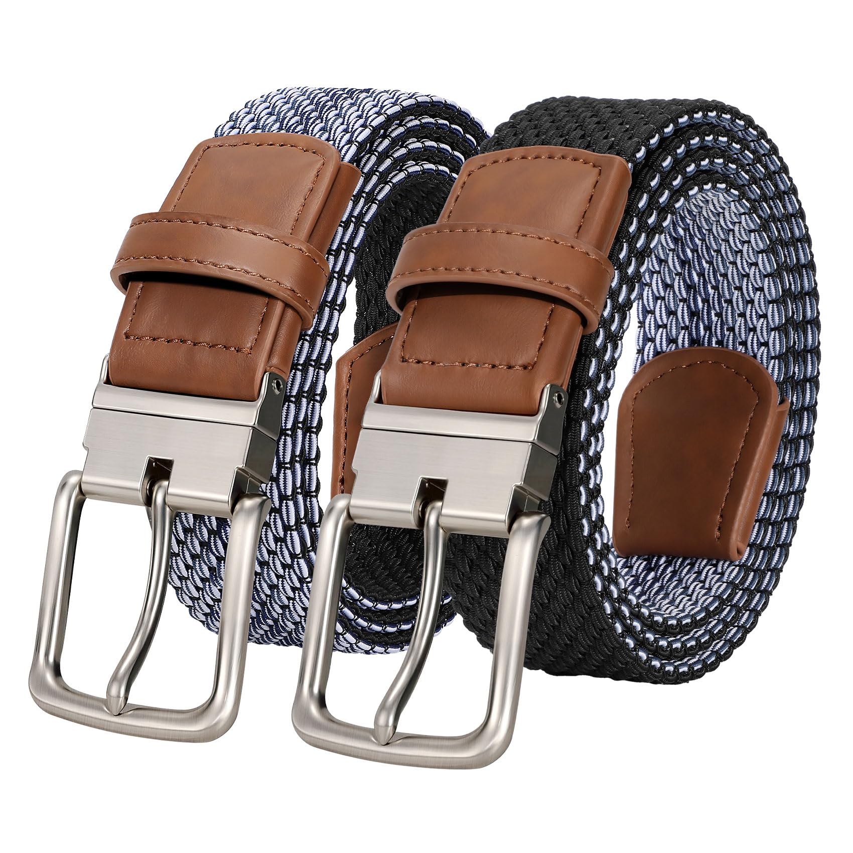 JASGOOD Reversible Elastic Braided Belt for Men, 1.34" Casual Woven Stretch Golf Belt for Jeans Shorts Pants