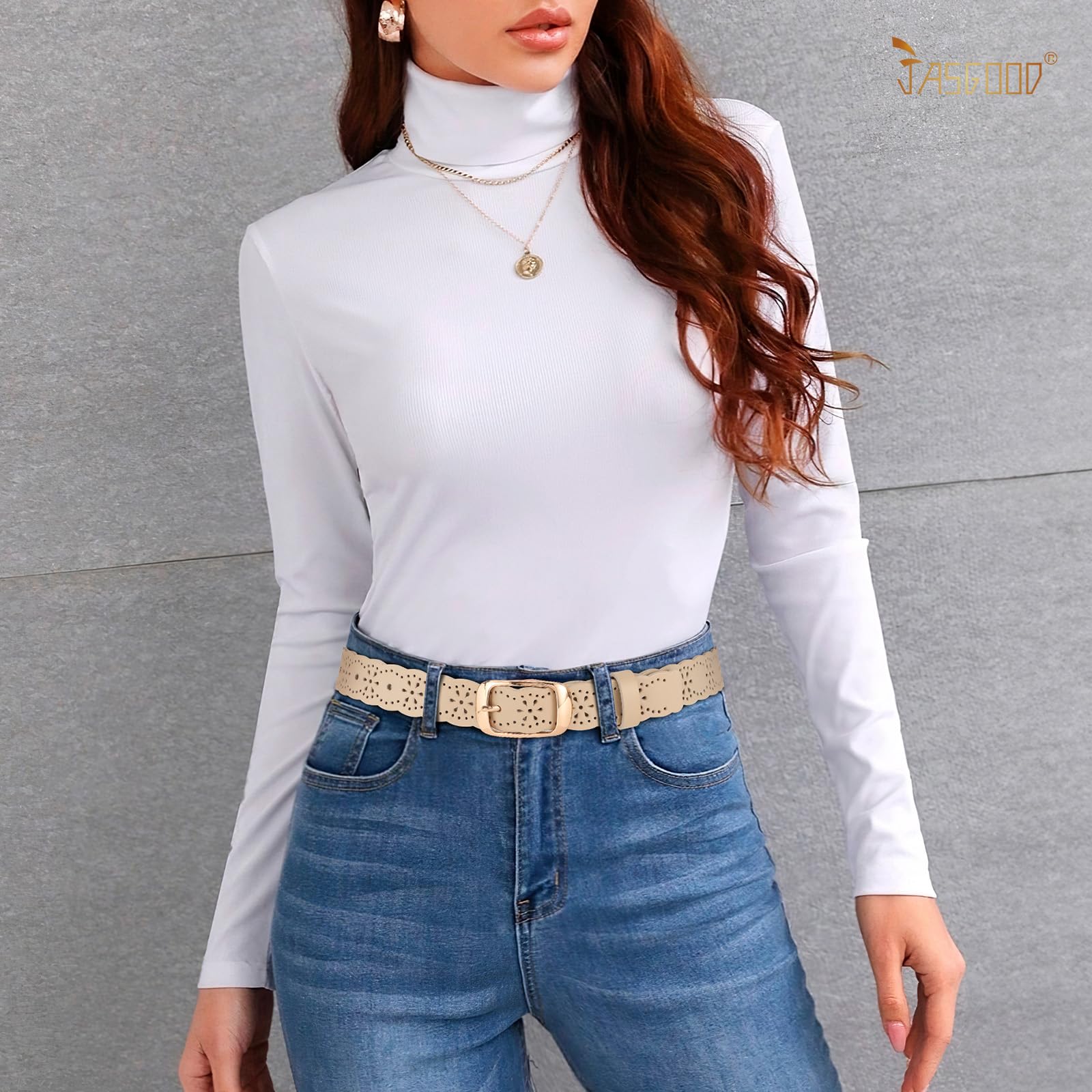 JASGOOD Leather Belt for Women Hollow Flower Leather Belt for Jeans Pants Fashion Waist Belt with Gold Buckle