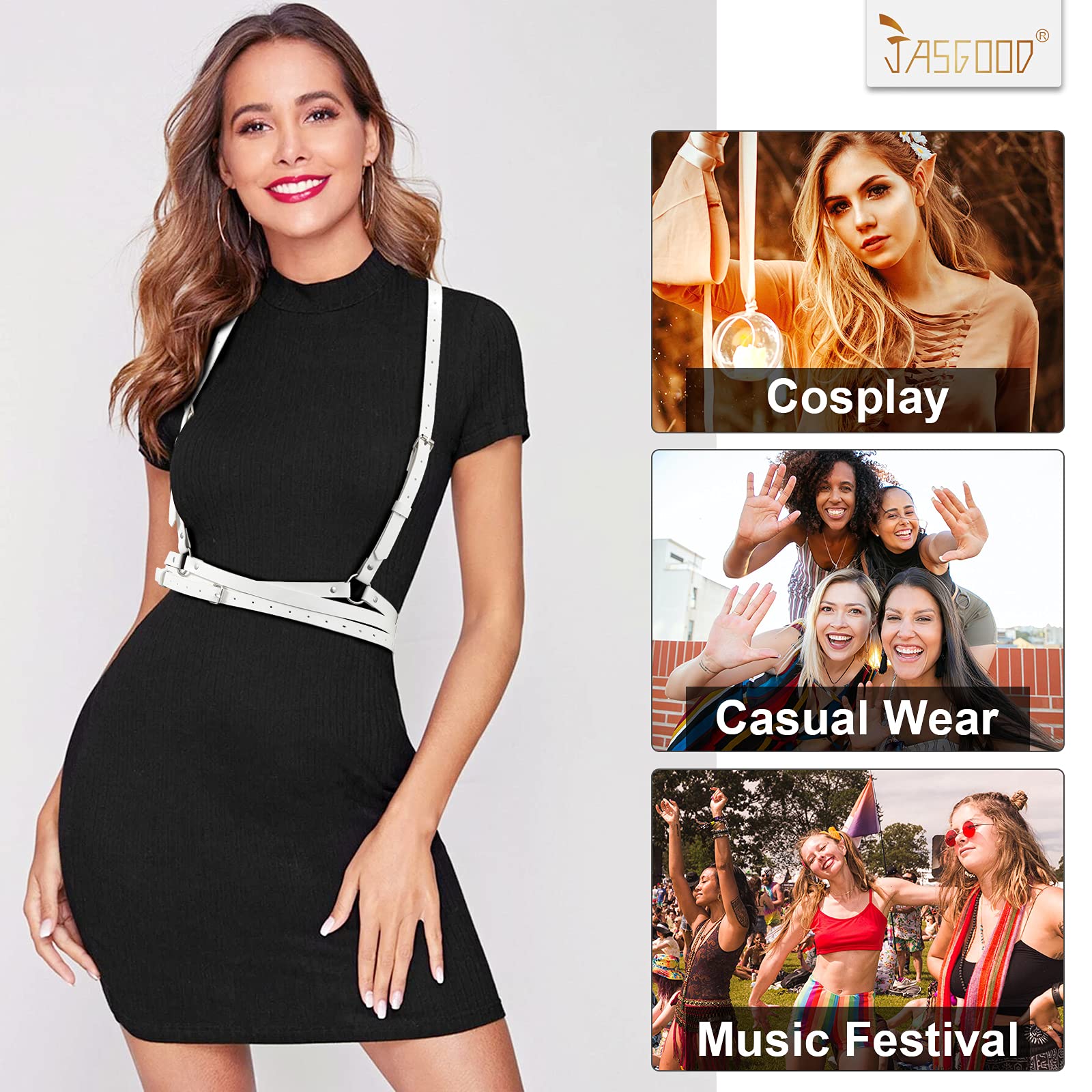 JASGOOD Punk Waist Belt Women PU Leather Skinny Body Adjustable Belts with Gothic Circle for Party