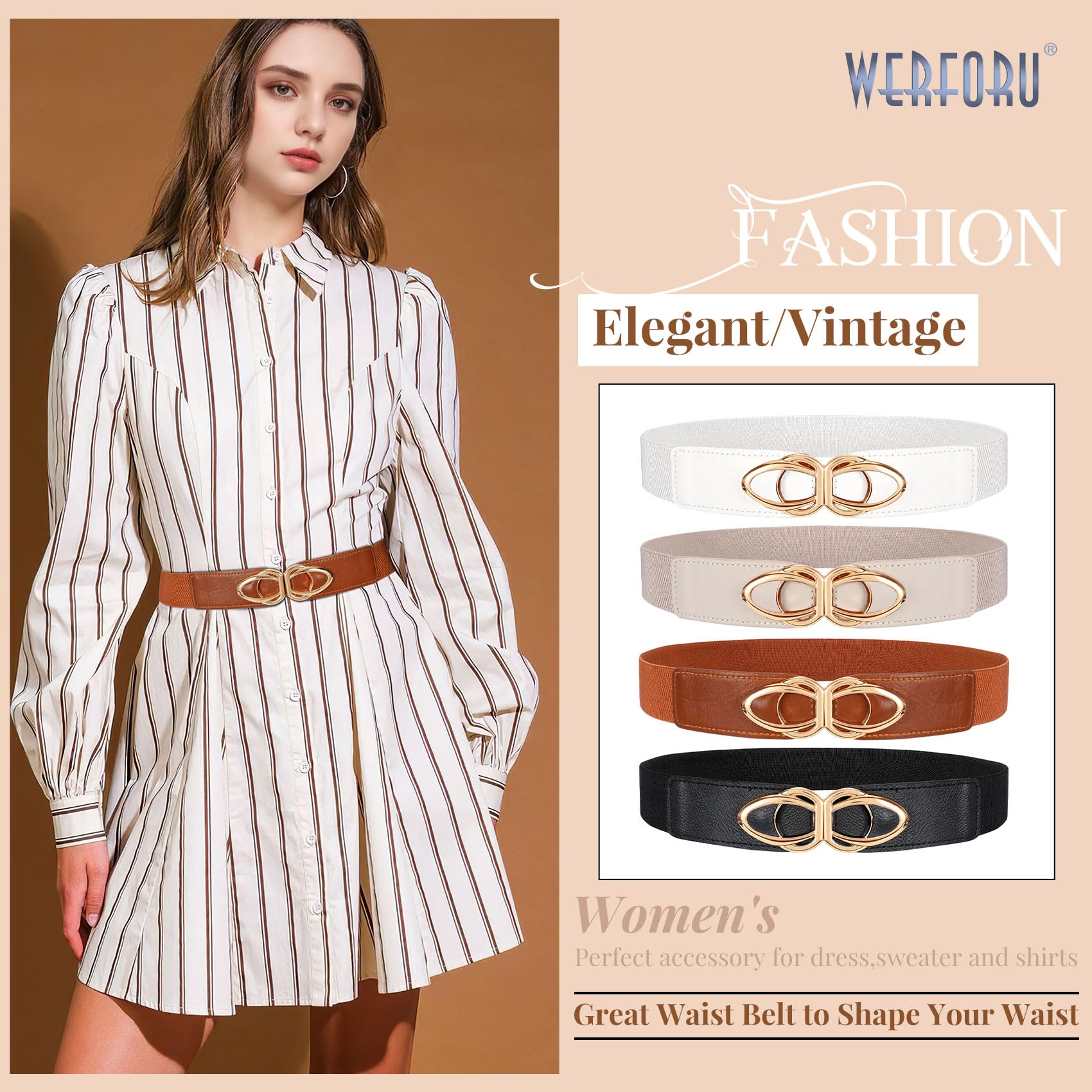WERFORU Women Thin Elastic Belts,Skinny Stretch Vintage Fashion Waistband for Dress with Gold Buckle 4 Pack