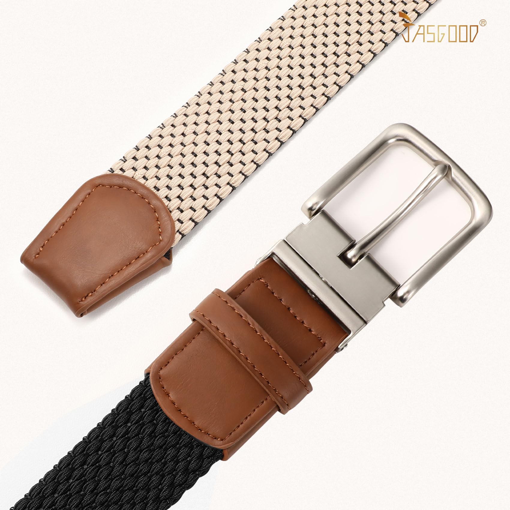 JASGOOD Reversible Elastic Braided Belt for Men, 1.34" Casual Woven Stretch Golf Belt for Jeans Shorts Pants