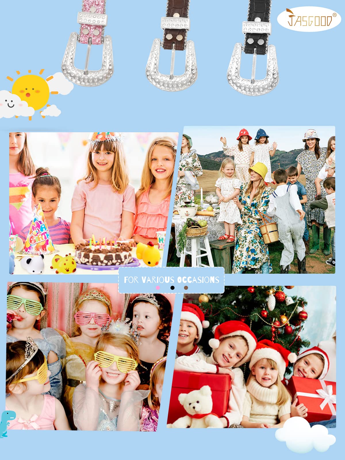 JASGOOD Kids Rhinestone Belt for Girls and Boys,Western Cowgirl Cowboy Bling Studded Leather Belt for Jeans Dress