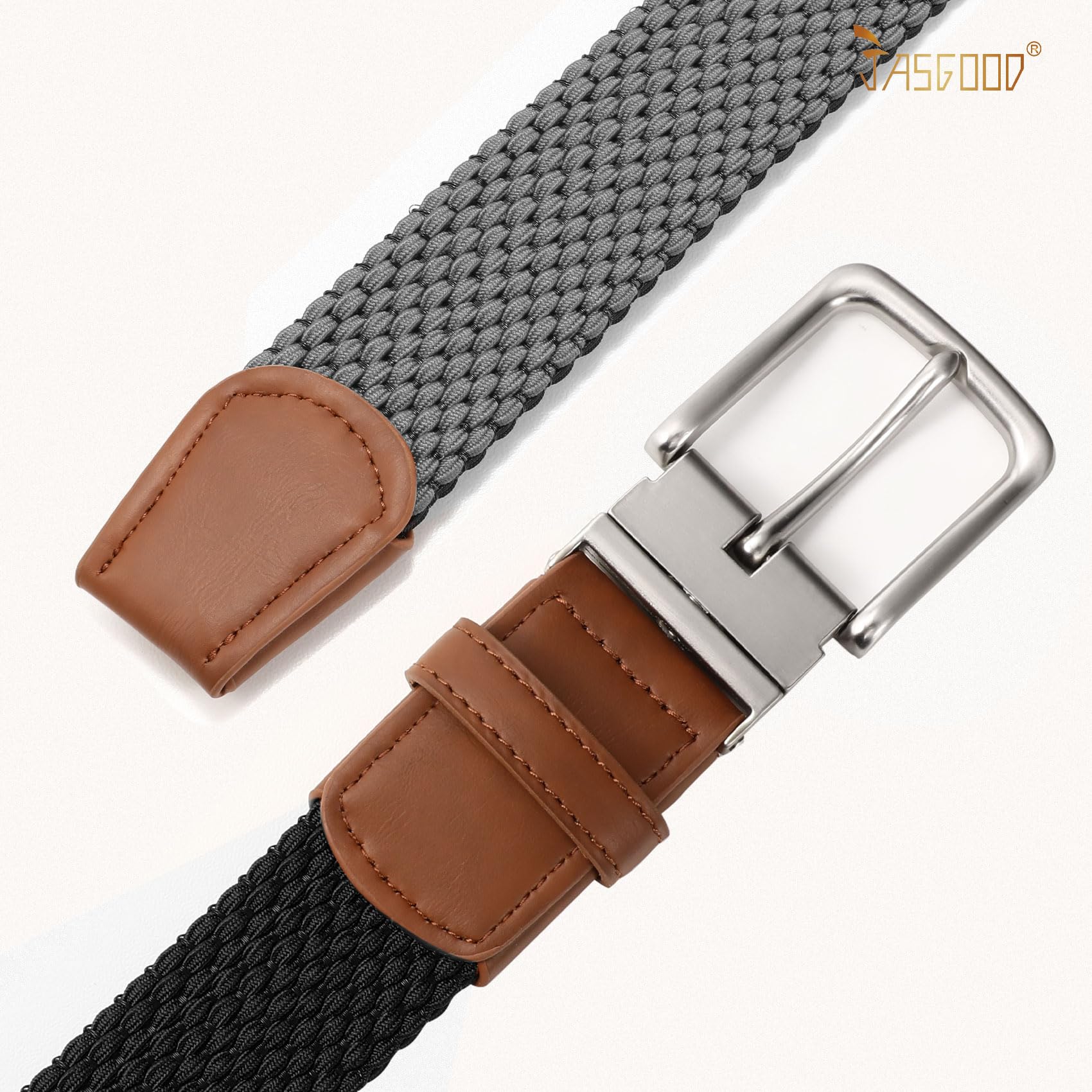 JASGOOD Reversible Elastic Braided Belt for Men, 1.34" Casual Woven Stretch Golf Belt for Jeans Shorts Pants