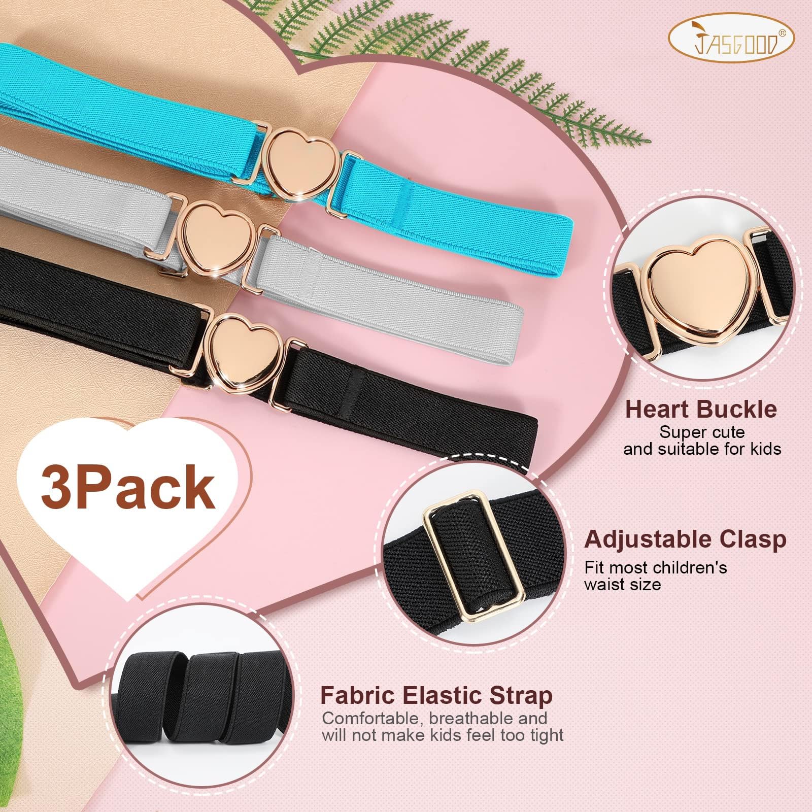 JASGOOD Elastic Belts for Toddler Kids Adjustable Boys Girls Teens Stretch Belts with Heart Buckle for Back to School - JASGOOD OFFICIAL