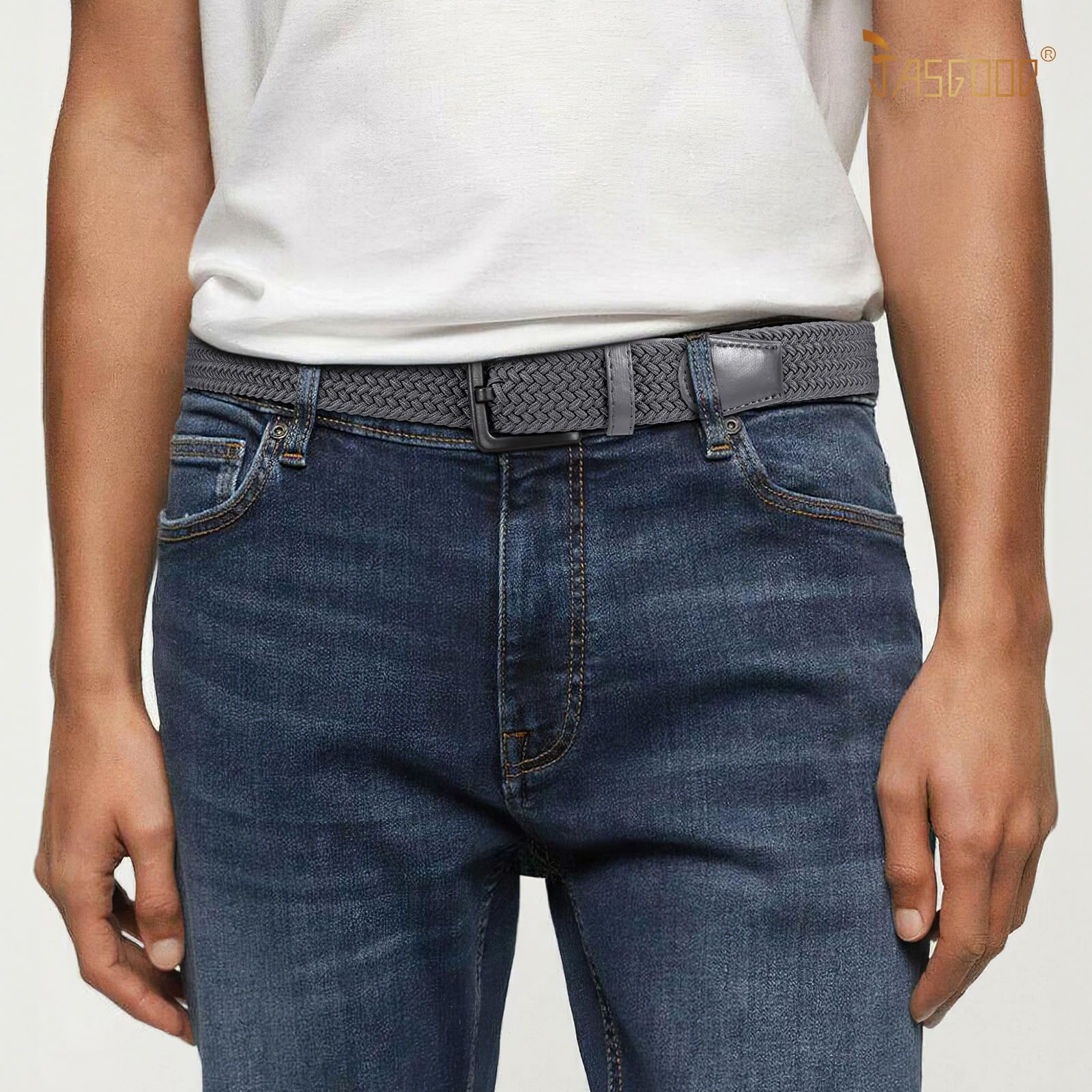 JASGOOD Elastic Braided Belt Men Stretch Golf Woven Casual Jeans Pants Canvas Fabric Tsa Approved Metal Free Belt