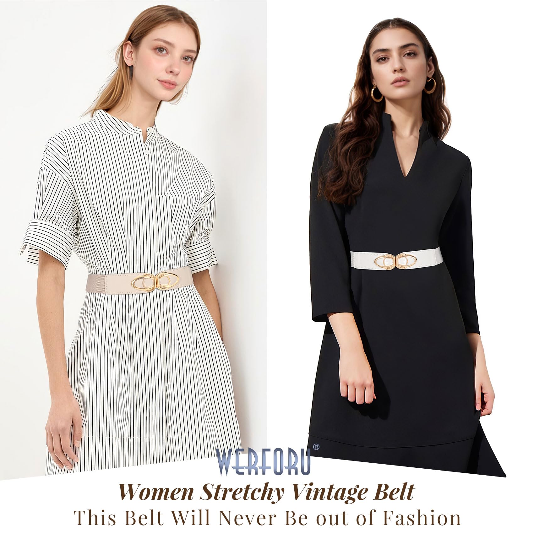 WERFORU Women Thin Elastic Belts,Skinny Stretch Vintage Fashion Waistband for Dress with Gold Buckle 4 Pack