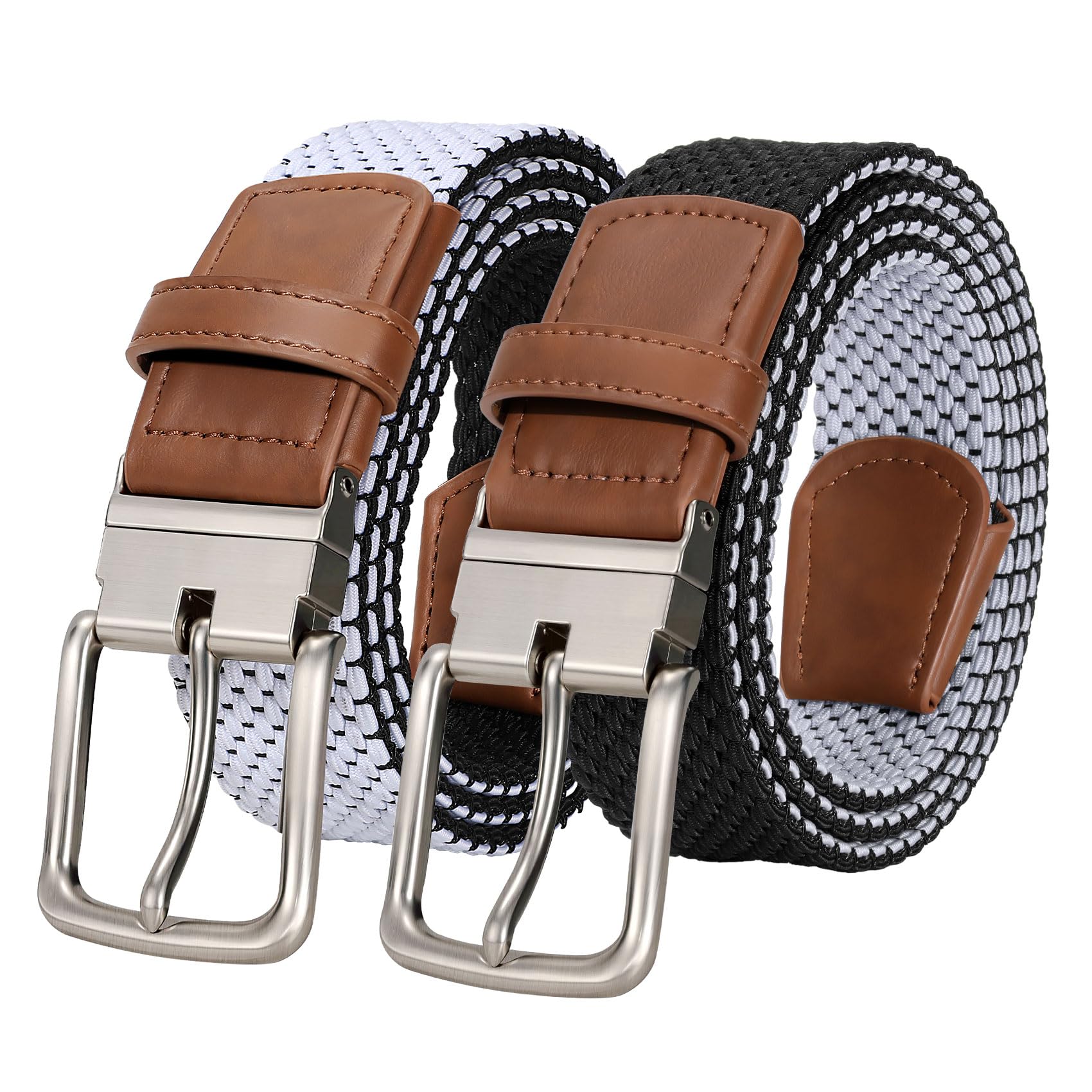 JASGOOD Reversible Elastic Braided Belt for Men, 1.34" Casual Woven Stretch Golf Belt for Jeans Shorts Pants