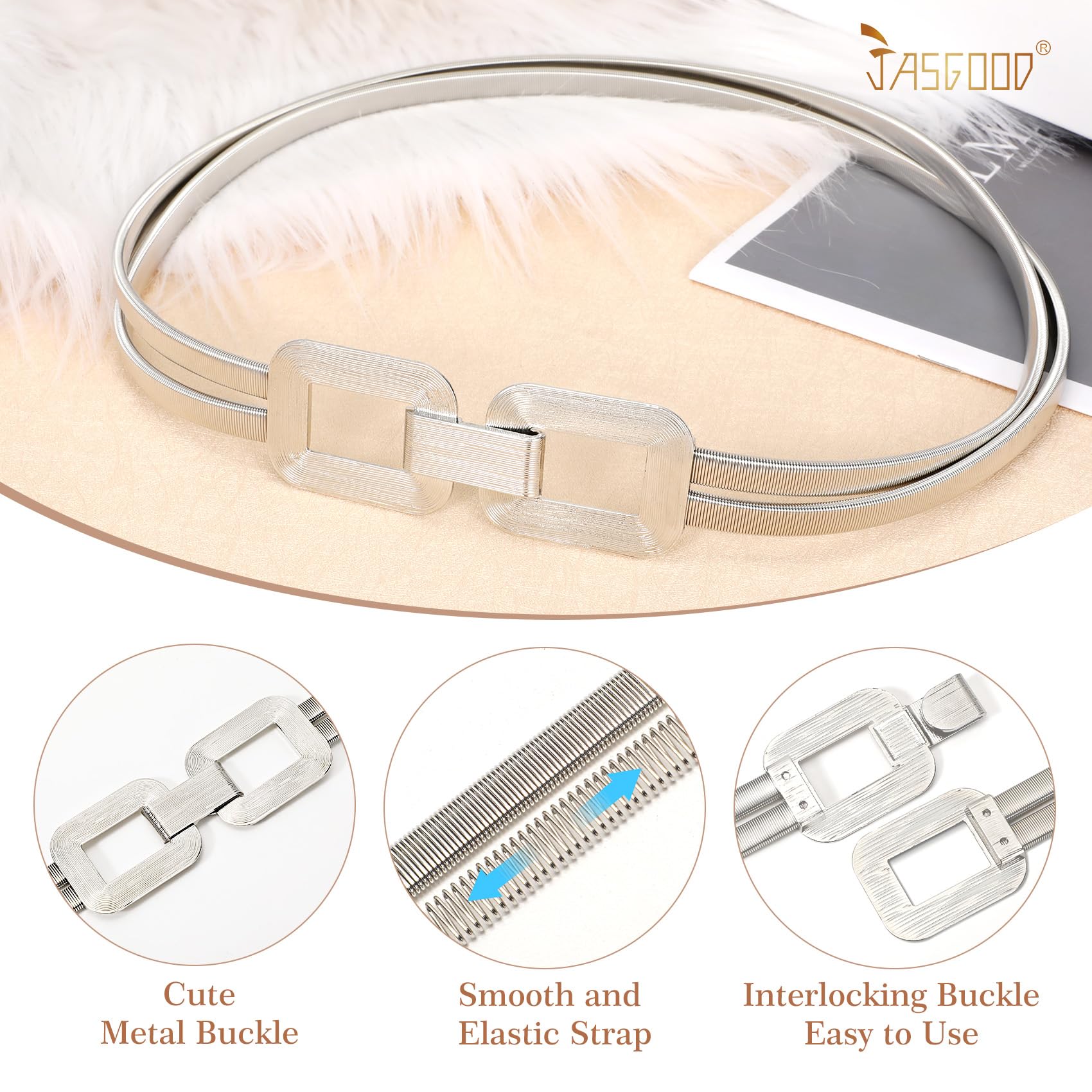 JASGOOD Skinny Metal Elastic Waist Belt for Women Stretch Thin Belt for Dresses