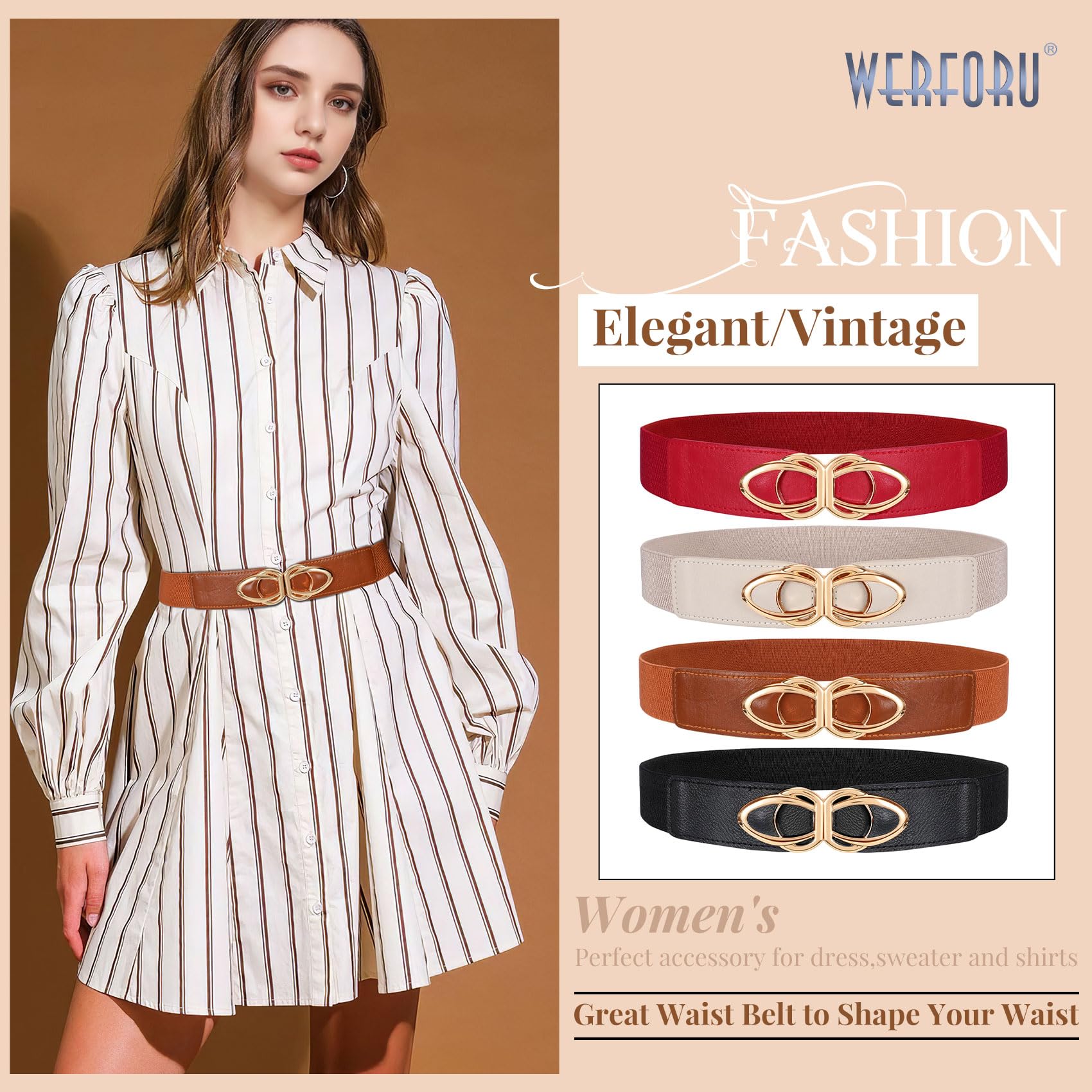 WERFORU Women Thin Elastic Belts,Skinny Stretch Vintage Fashion Waistband for Dress with Gold Buckle 4 Pack