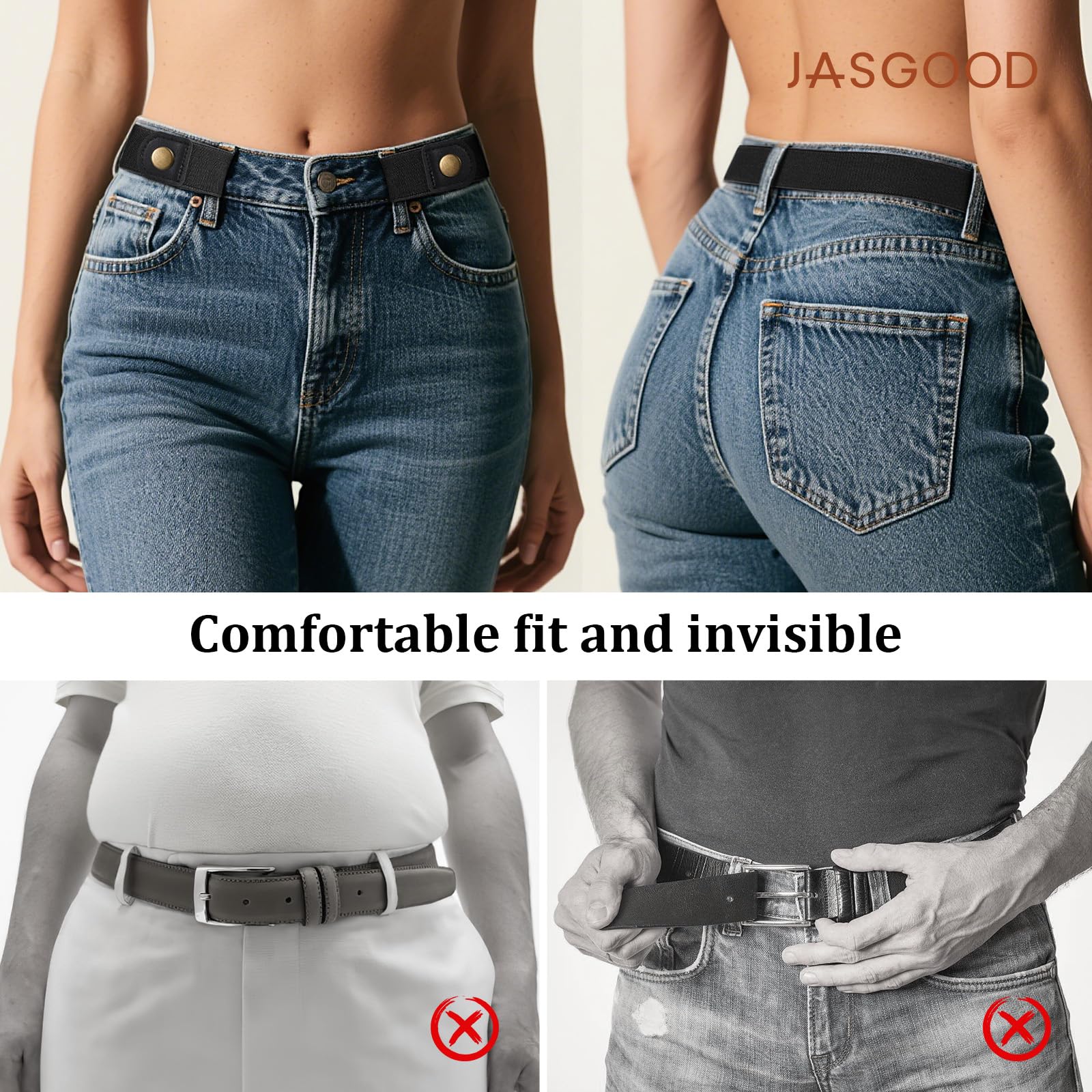 JASGOOD No Buckle Stretch Belt for Women and Men Invisible Elastic Waist Belts for Jeans Pants