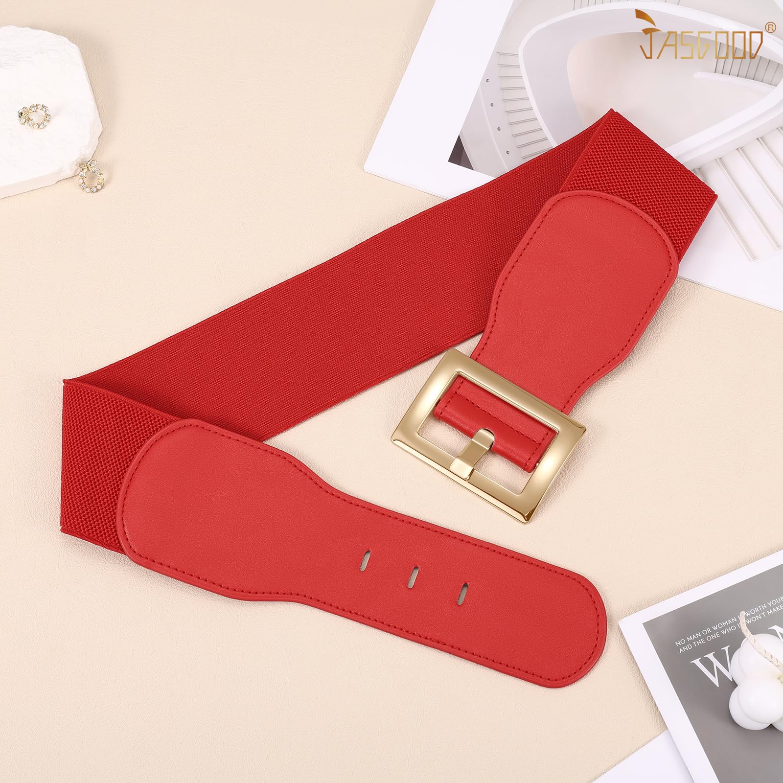 JASGOOD Women Wide Elastic Belt Stretchy Vintage Waist Belts for Dress Santa Belt with Square Buckle
