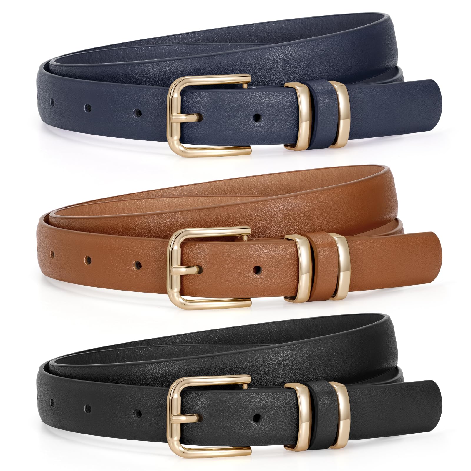 JASGOOD 3 Pack Belts for Women Belt for Jeans Pants Dress Ladies Leather Fashion Waist Thin Belts with Gold Buckle