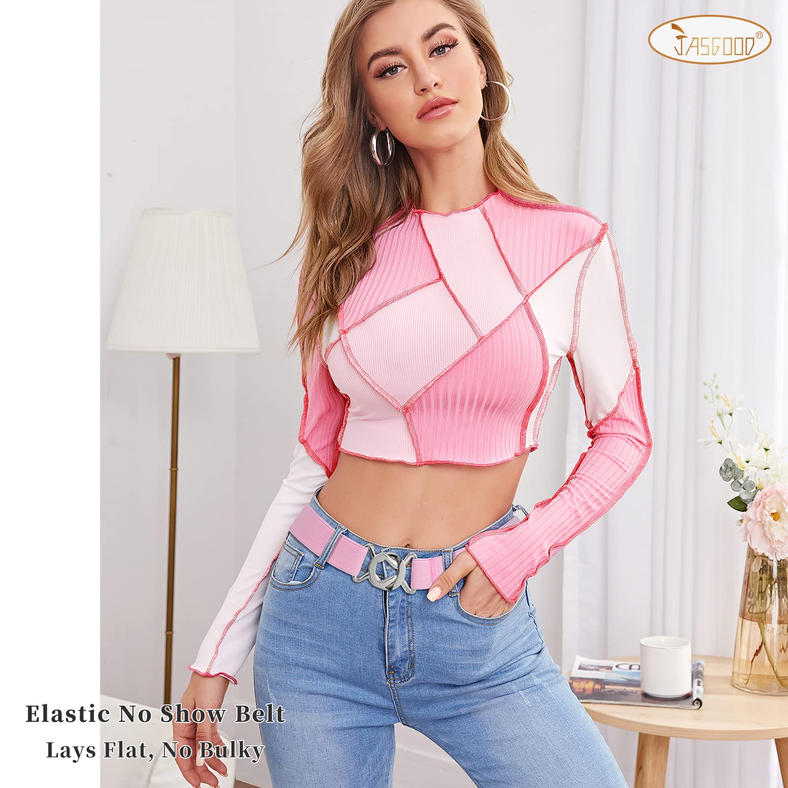 JASGOOD Women No Show Stretch Belt Adjustable Elastic Web Belt with Flat Buckle for Jeans Pants Casual Belts - JASGOOD OFFICIAL