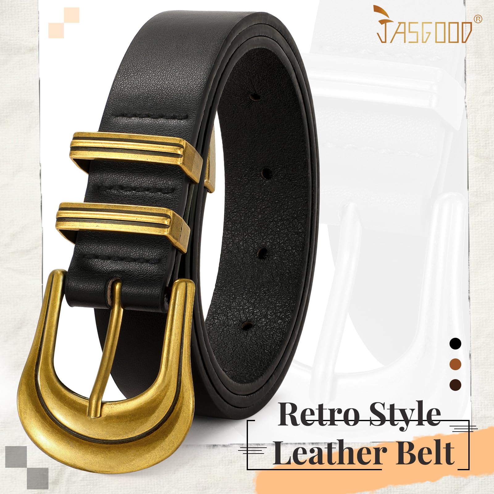 JASGOOD Women's Western Belt Vintage Black Leather Waist Belt for Pants Jeans with Gold Buckle