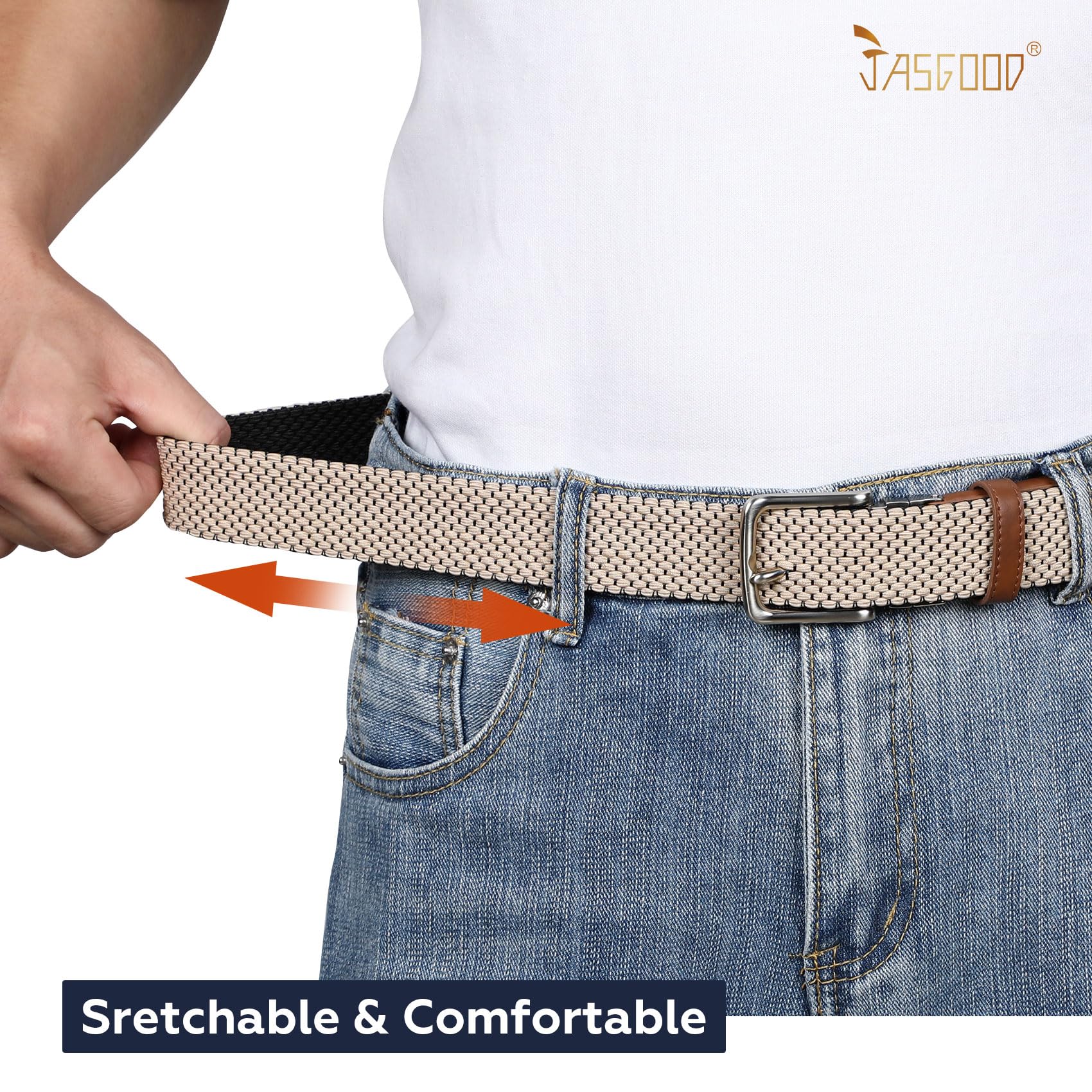 JASGOOD Reversible Elastic Braided Belt for Men, 1.34" Casual Woven Stretch Golf Belt for Jeans Shorts Pants