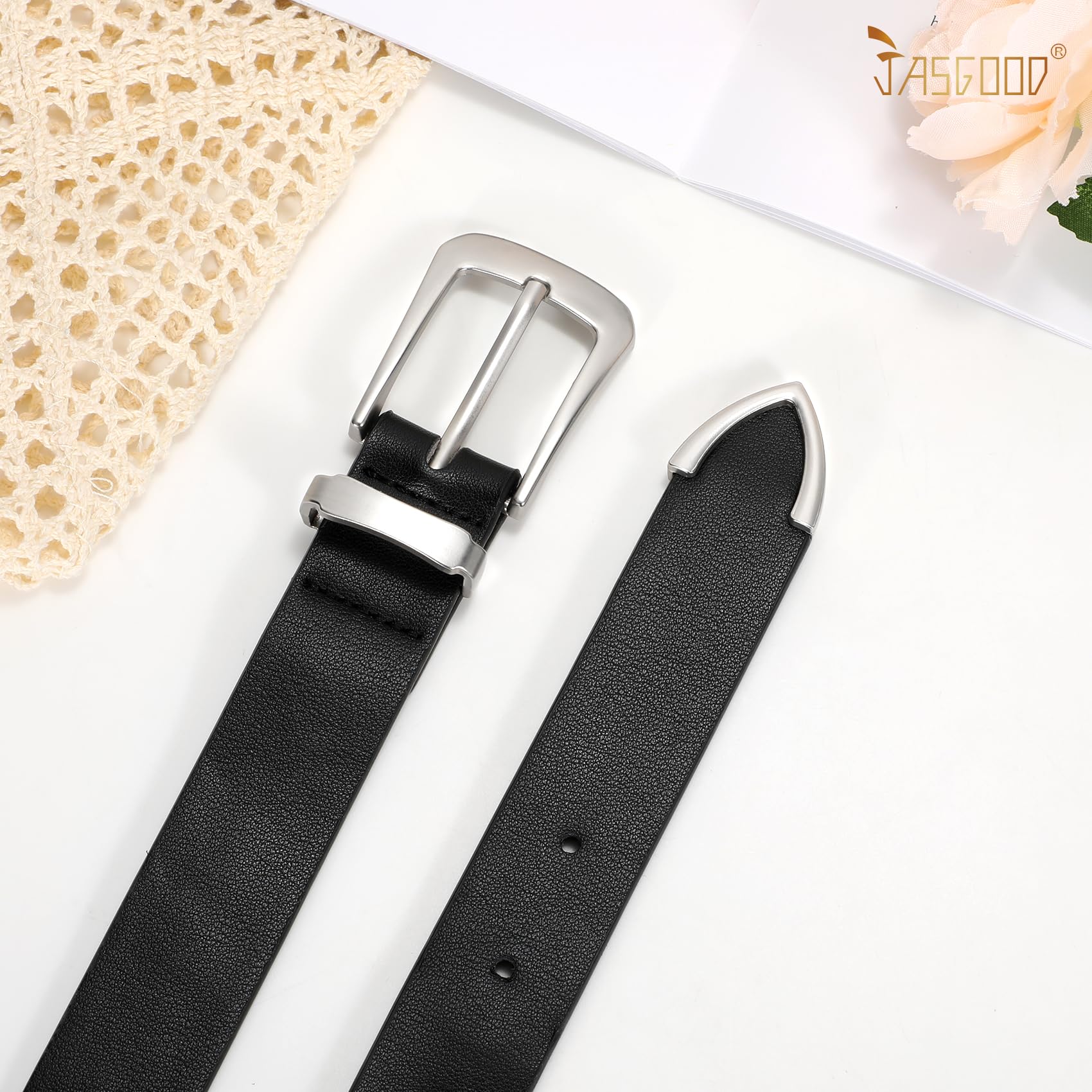 JASGOOD Women Leather Belt for Jeans Pants Ladies Waist Belt for Dress with Silver Buckle